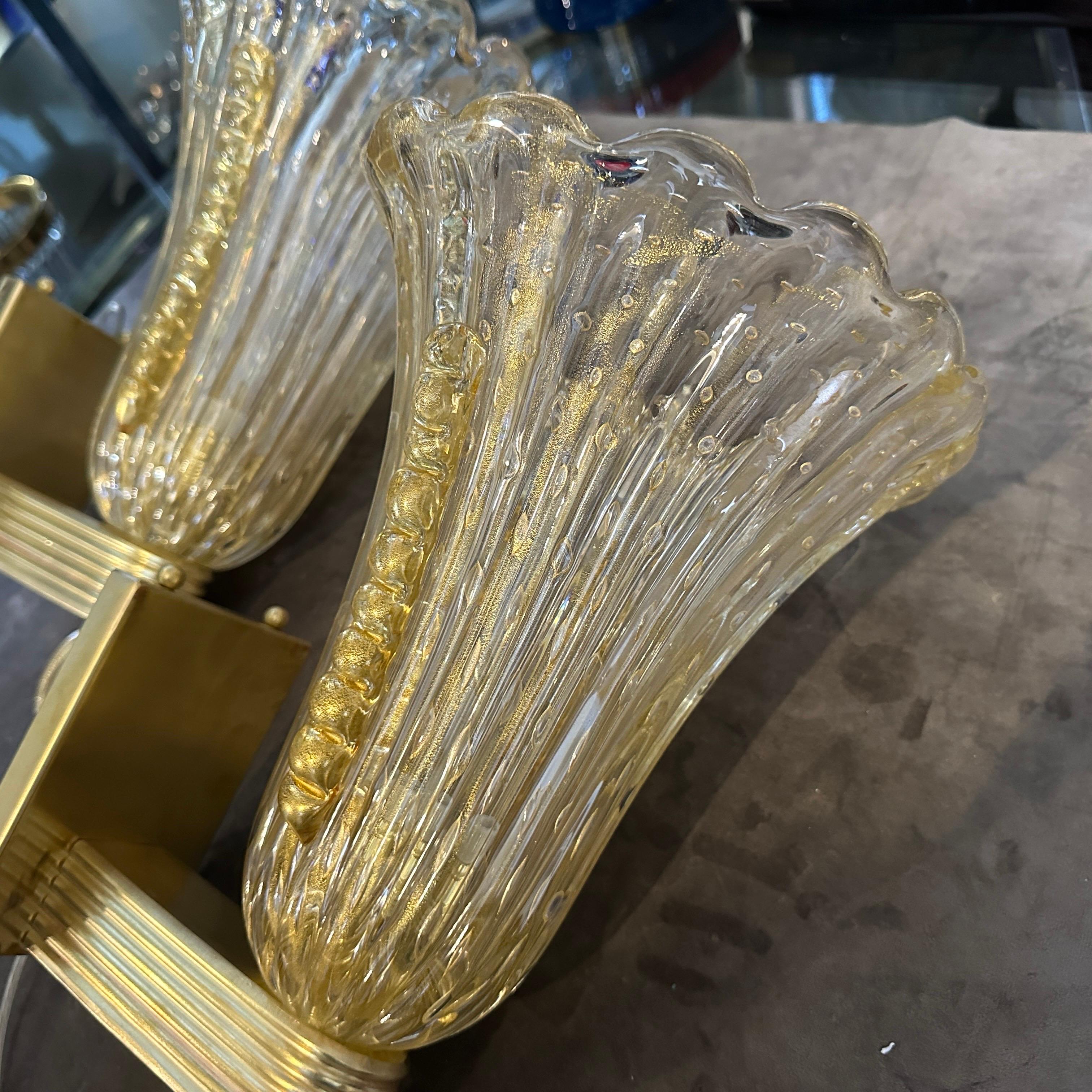 21st Century Barovier Style Modern Amber Murano Glass and Brass Wall Sconces For Sale 7