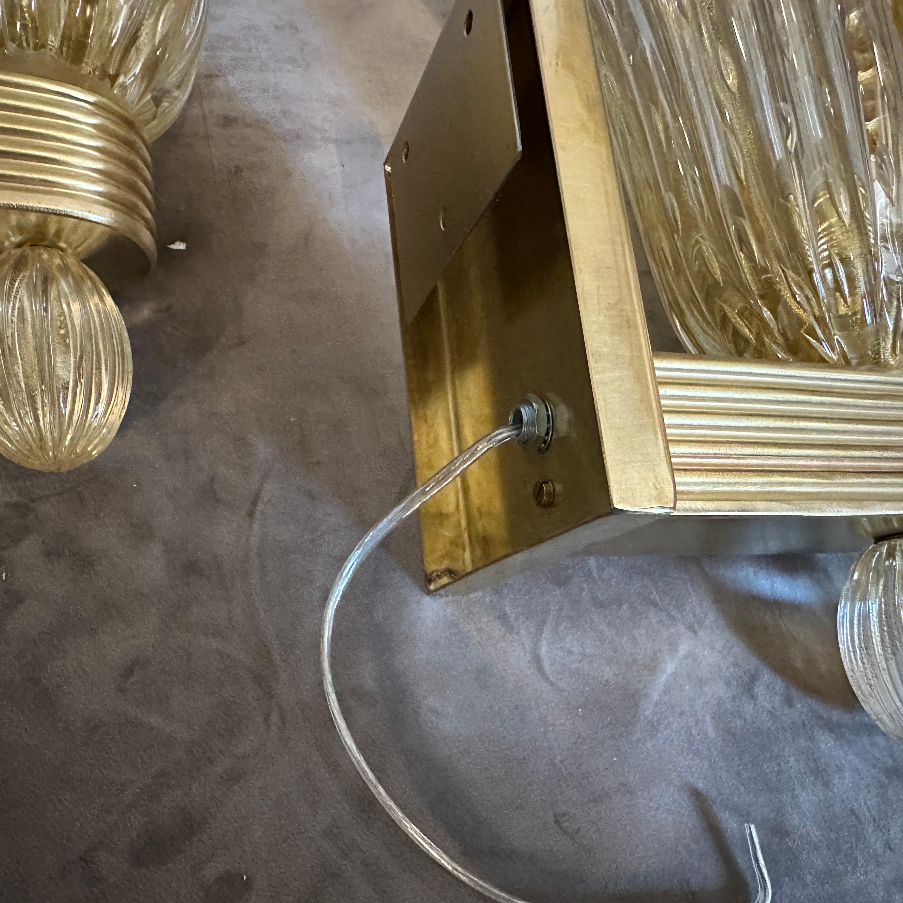 21st Century Barovier Style Modern Amber Murano Glass and Brass Wall Sconces For Sale 8