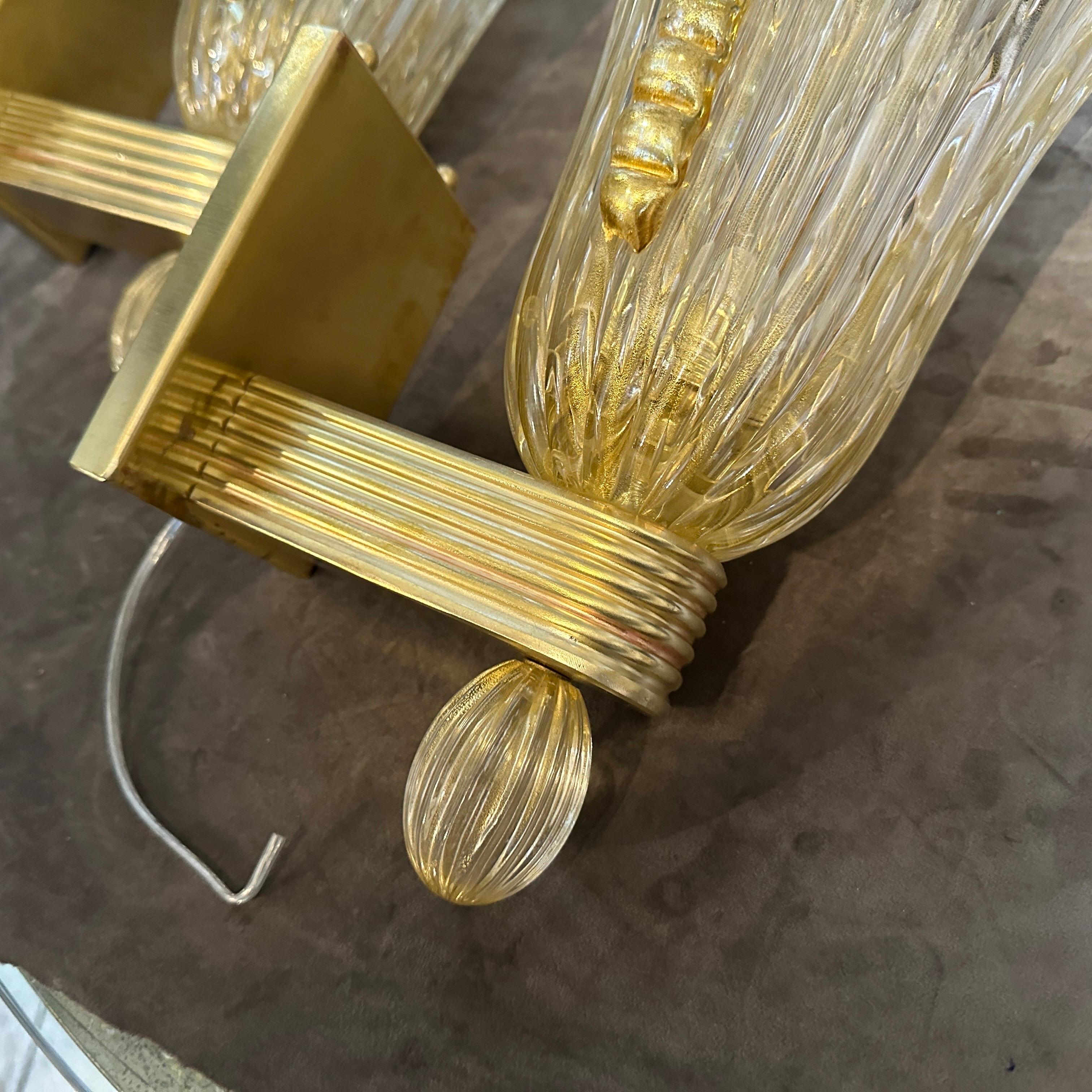 21st Century Barovier Style Modern Amber Murano Glass and Brass Wall Sconces For Sale 9