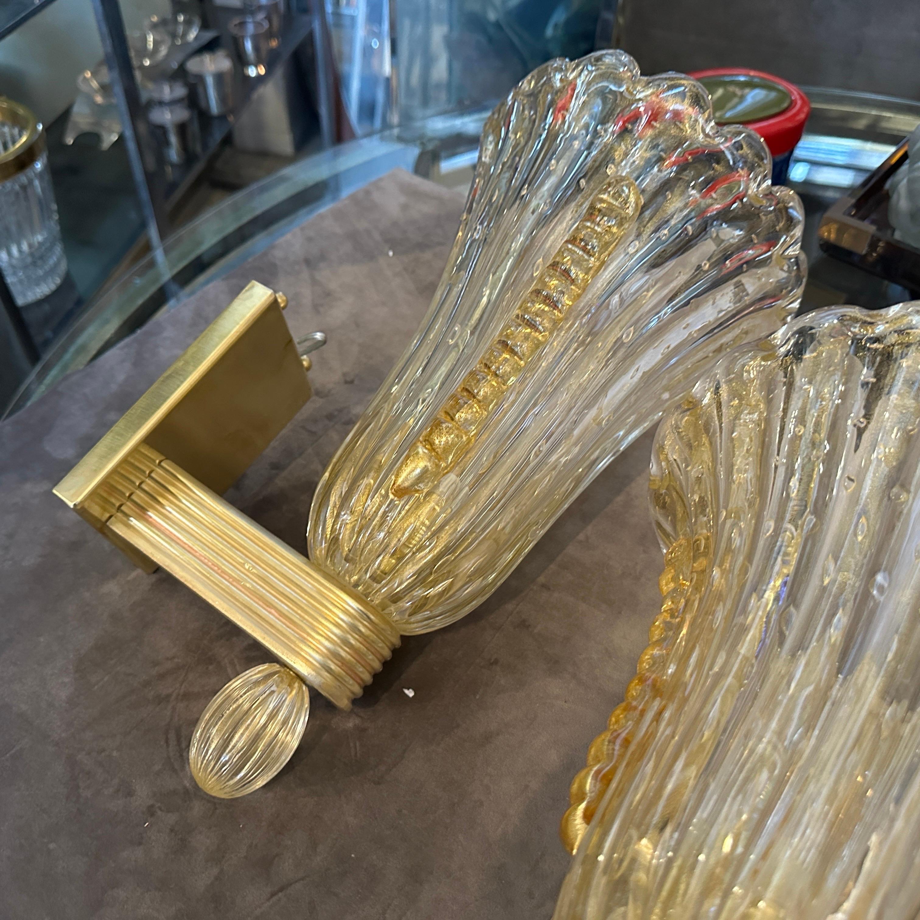 Italian 21st Century Barovier Style Modern Amber Murano Glass and Brass Wall Sconces For Sale