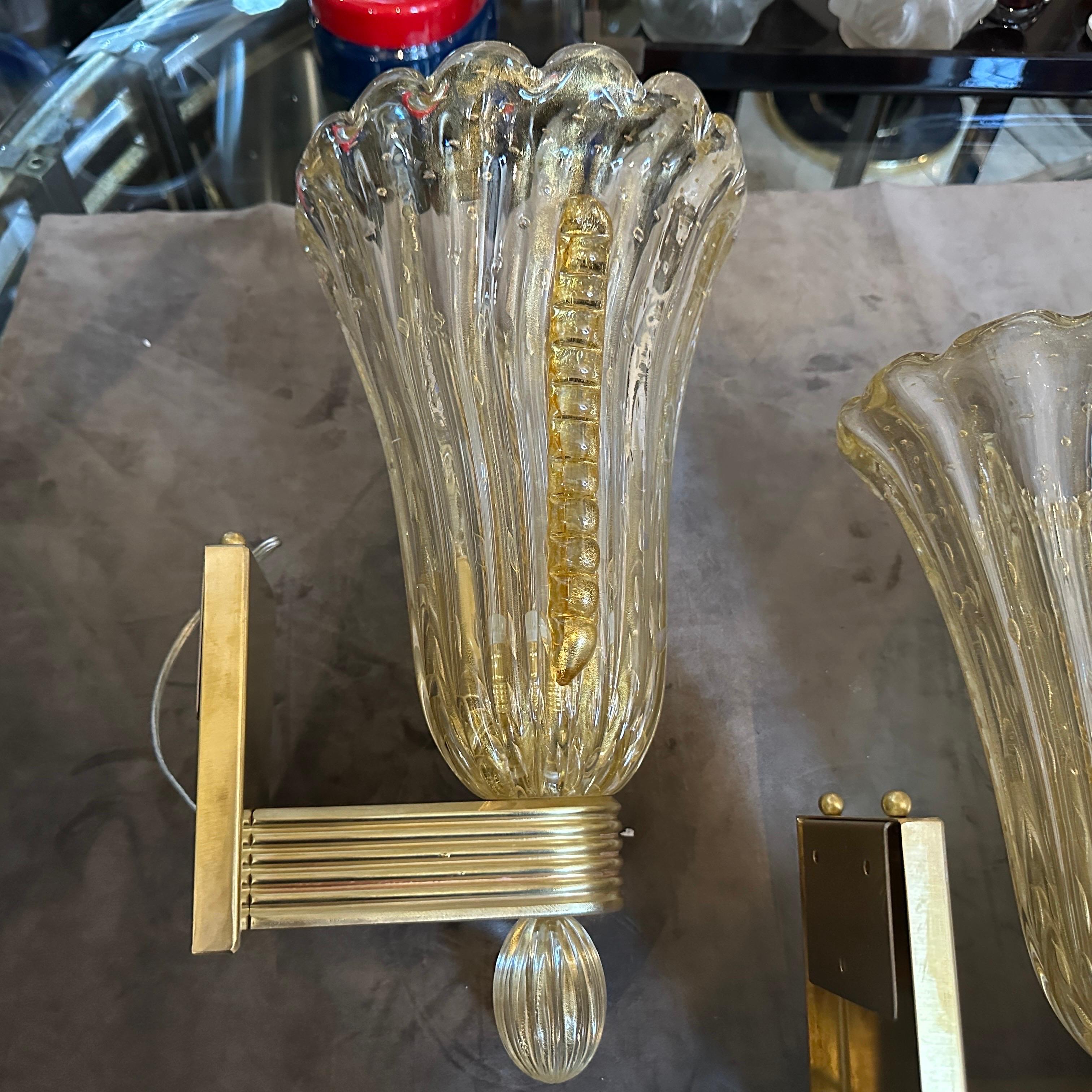 21st Century Barovier Style Modern Amber Murano Glass and Brass Wall Sconces For Sale 2
