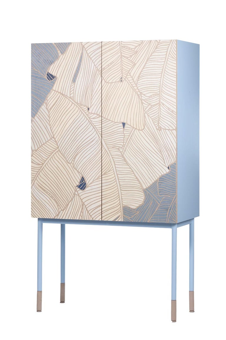 Hand-Crafted 21st Century Basjoo, Inlaid Bar Cabinet in White and Blue Maple, Hebanon, Italy For Sale