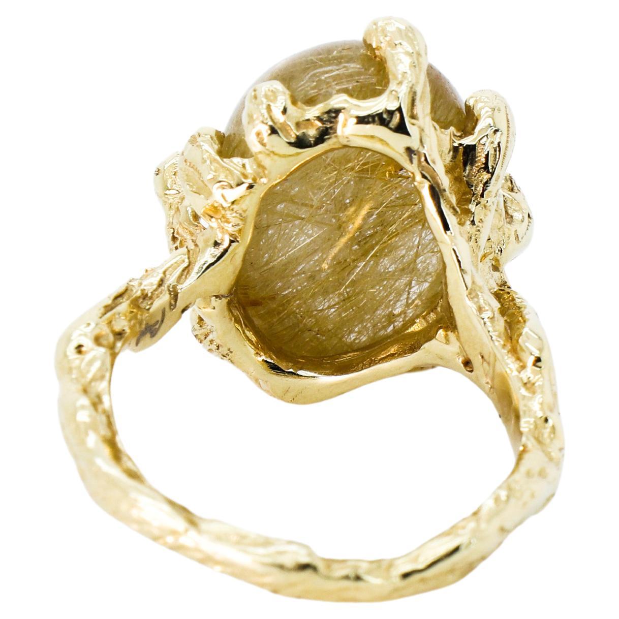For Sale:  18K Yellow Gold Made in Italy Rutilated Quartz Grounding Asymmetry Cocktail Ring 4
