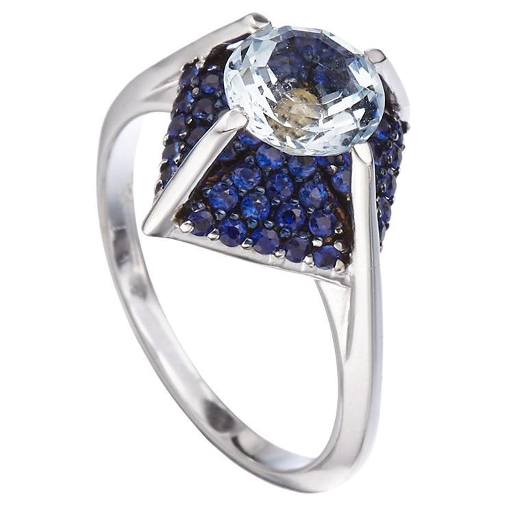 For Sale:  18K White Gold Vogue Awarded Made in Italy Aquamarine Blue Sapphires Cosmic Ring 4