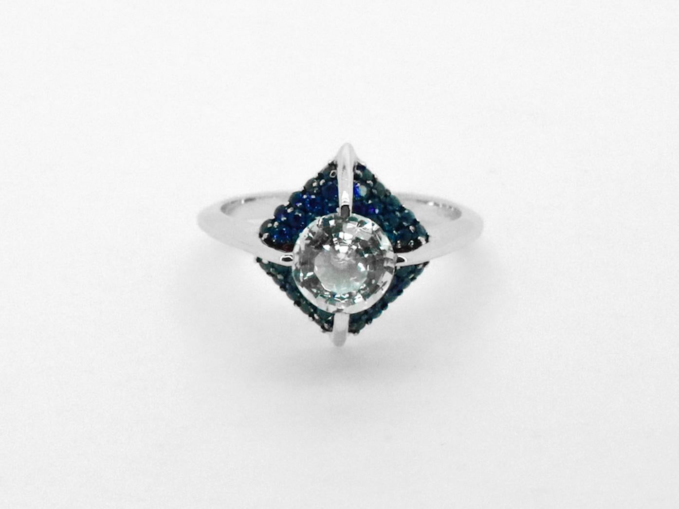 For Sale:  18K White Gold Vogue Awarded Made in Italy Aquamarine Blue Sapphires Cosmic Ring 5