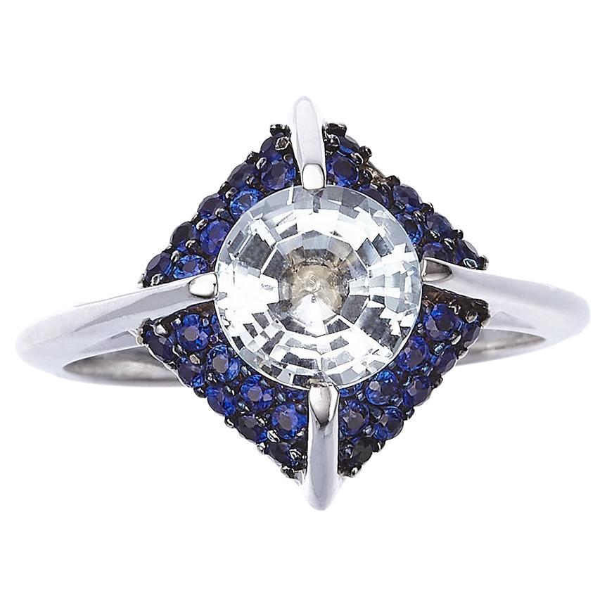 For Sale:  18K White Gold Vogue Awarded Made in Italy Aquamarine Blue Sapphires Cosmic Ring