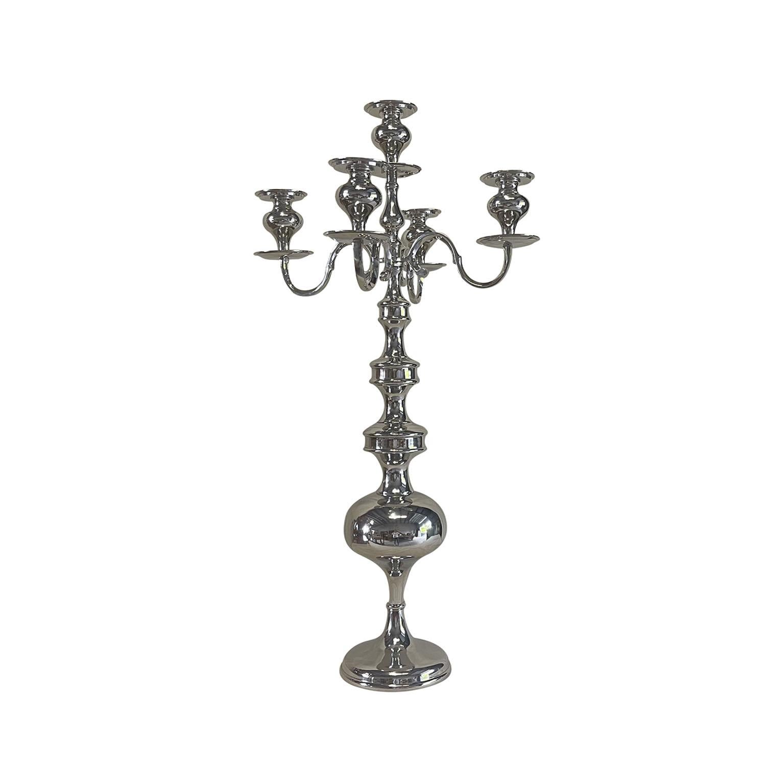 Contemporary 21st Century Belgian Pair of Tall Five Nickel Light Candelabras For Sale