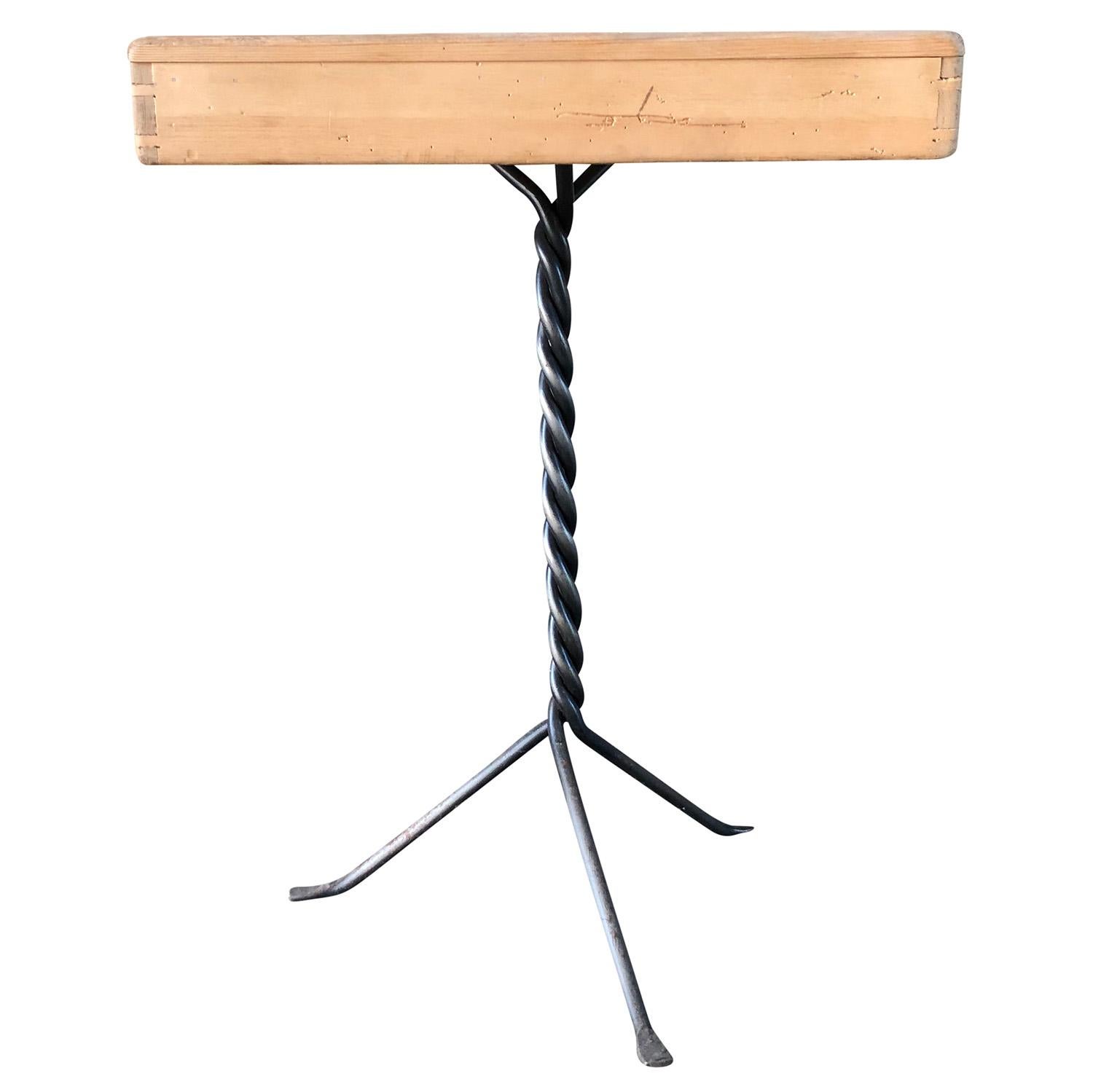 Hand-Crafted 21st Century Belgian Side Pinewood Table - Single Iron Serving Table For Sale