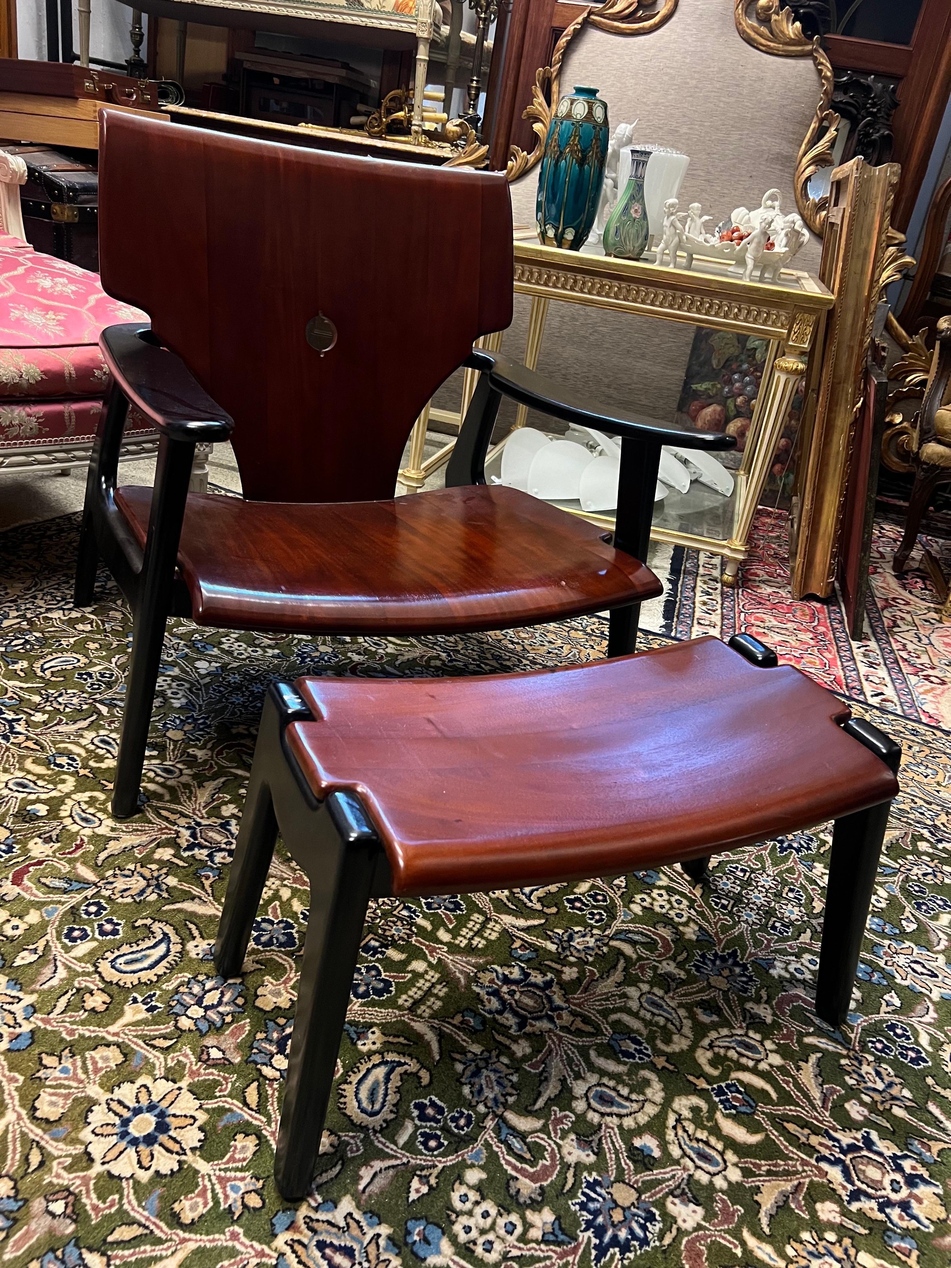 Mahogany 21st Century Belgian Teak Zen Set of Armchair with Stool by Olivier de Schrijver For Sale