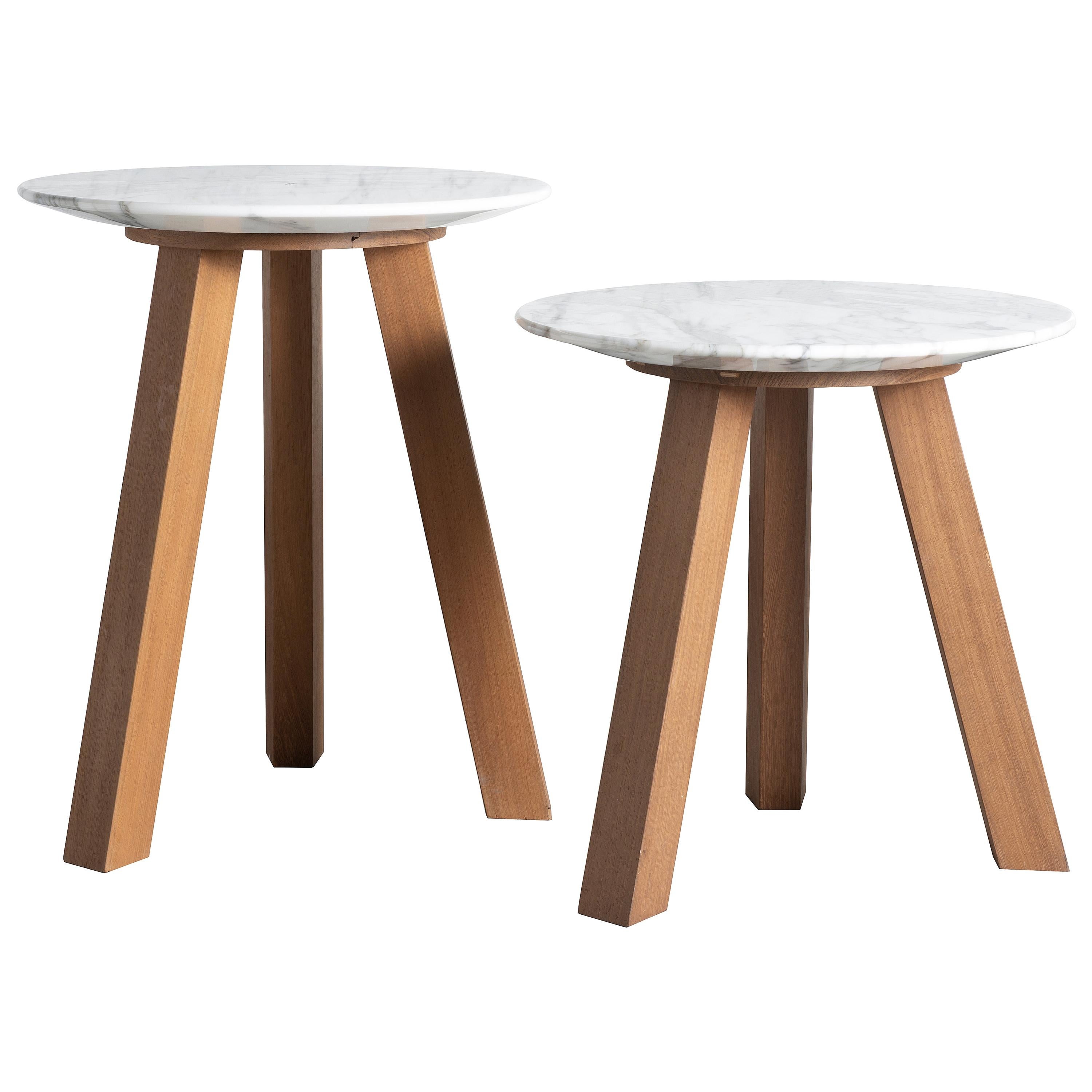 21st Century Bettogli Carrara Marble Teak Wood Three-Leg Coffee Table