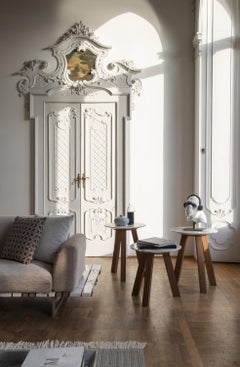 21st C Bettogli Carrara Marble Teak Wood Three-Leg Coffee Table Gallery stock