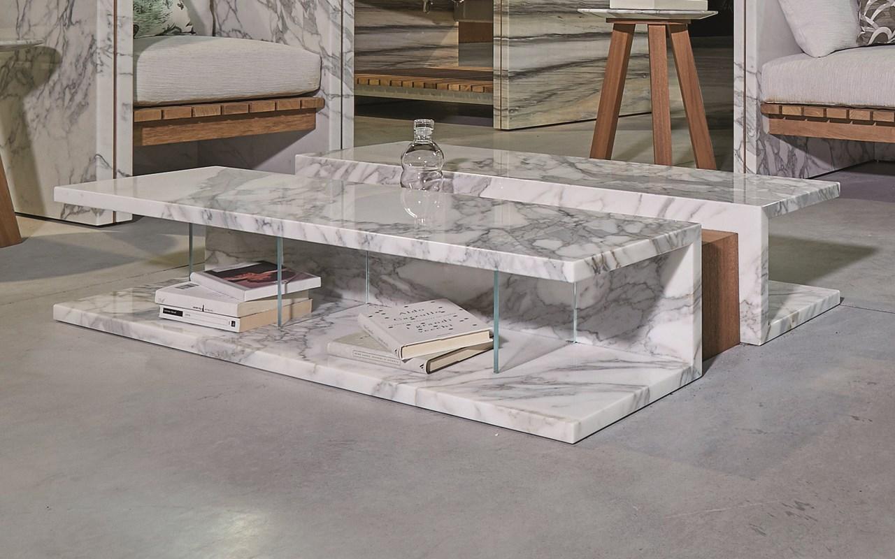 Italian 21st Century Bettogli White Statuario Marble Teakwood Low Table For Sale