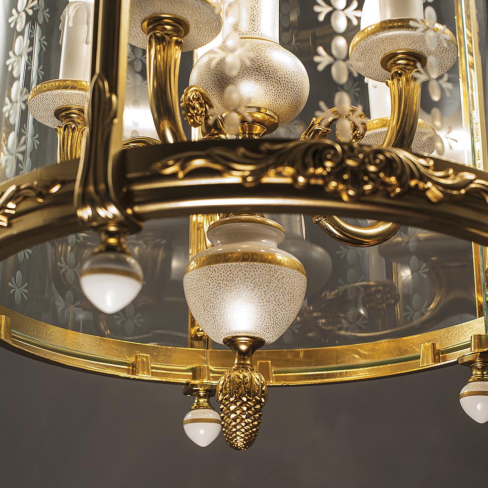 Louis XVI 21st Century, Big Lantern with 5-Lights, Porcelain, Glass and Golden Bronze For Sale