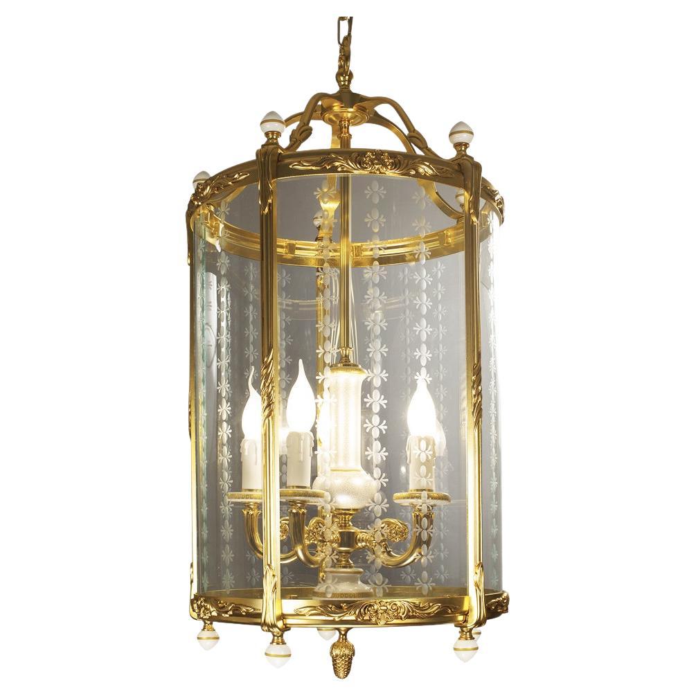 21st Century, Big Lantern with 5-Lights, Porcelain, Glass and Golden Bronze For Sale