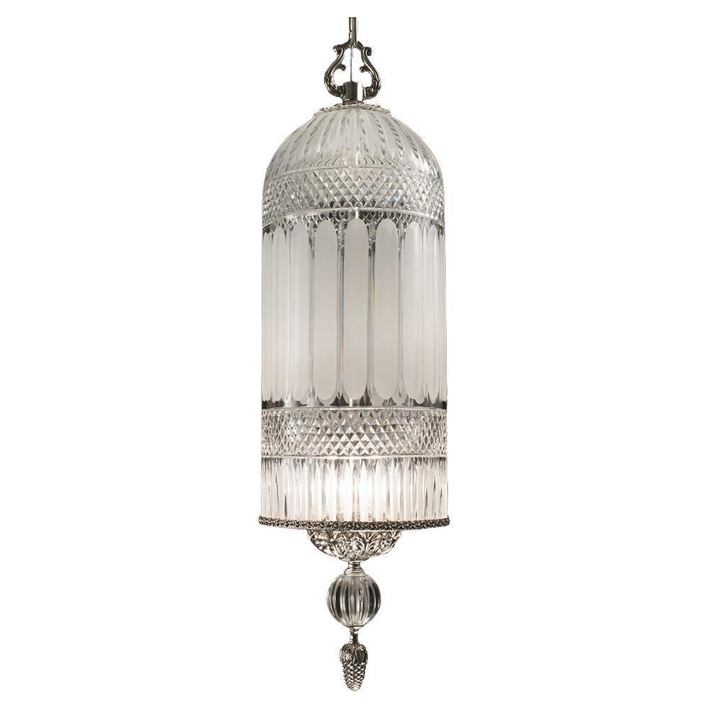 21st Century, Big Lantern with Led,  Hand -Carved  Crystal and Silver Bronze For Sale