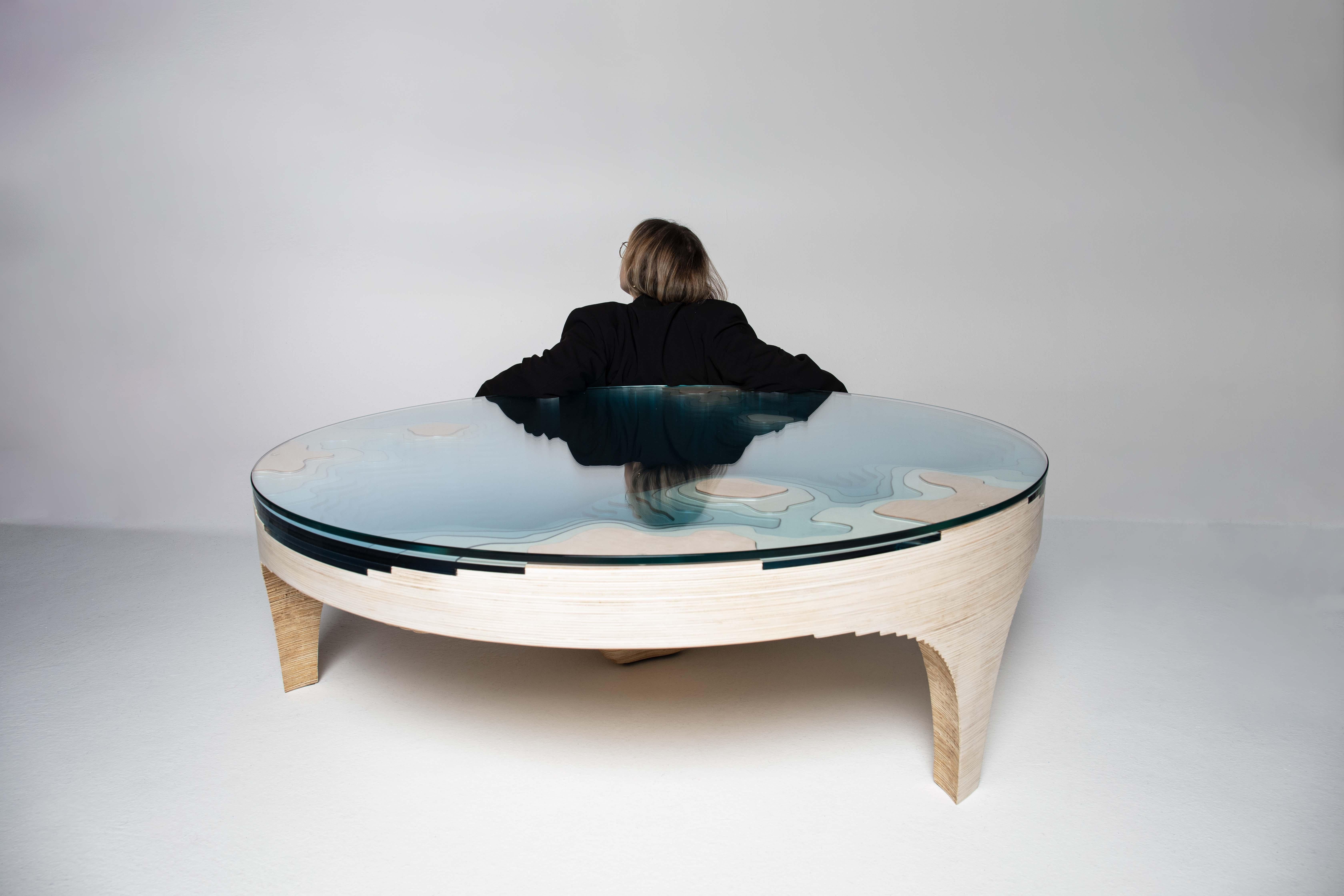 Hand-Crafted 21st Century Birch Wood Coffee Table with Glass Table-top, Artists Proof edition For Sale