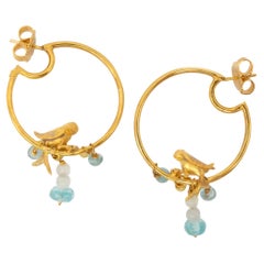 21st Century Bird Blue Aquamarine Blue Topaz Silver Gold Plated Hoop Earring