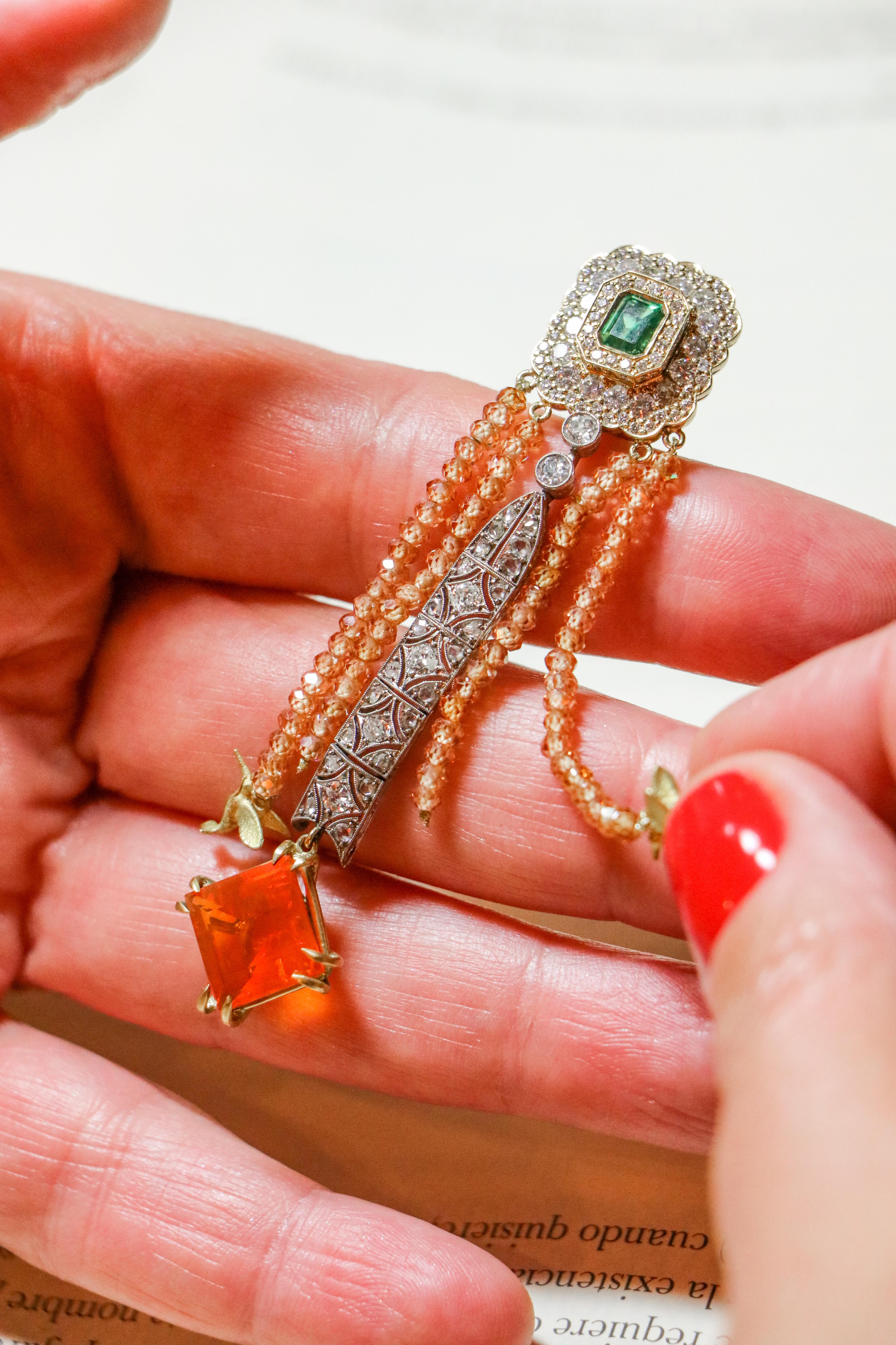 Modern 21st Century Bird Emerald Diamond Fire Opals Gold Earrings Orange Vicente Gracia