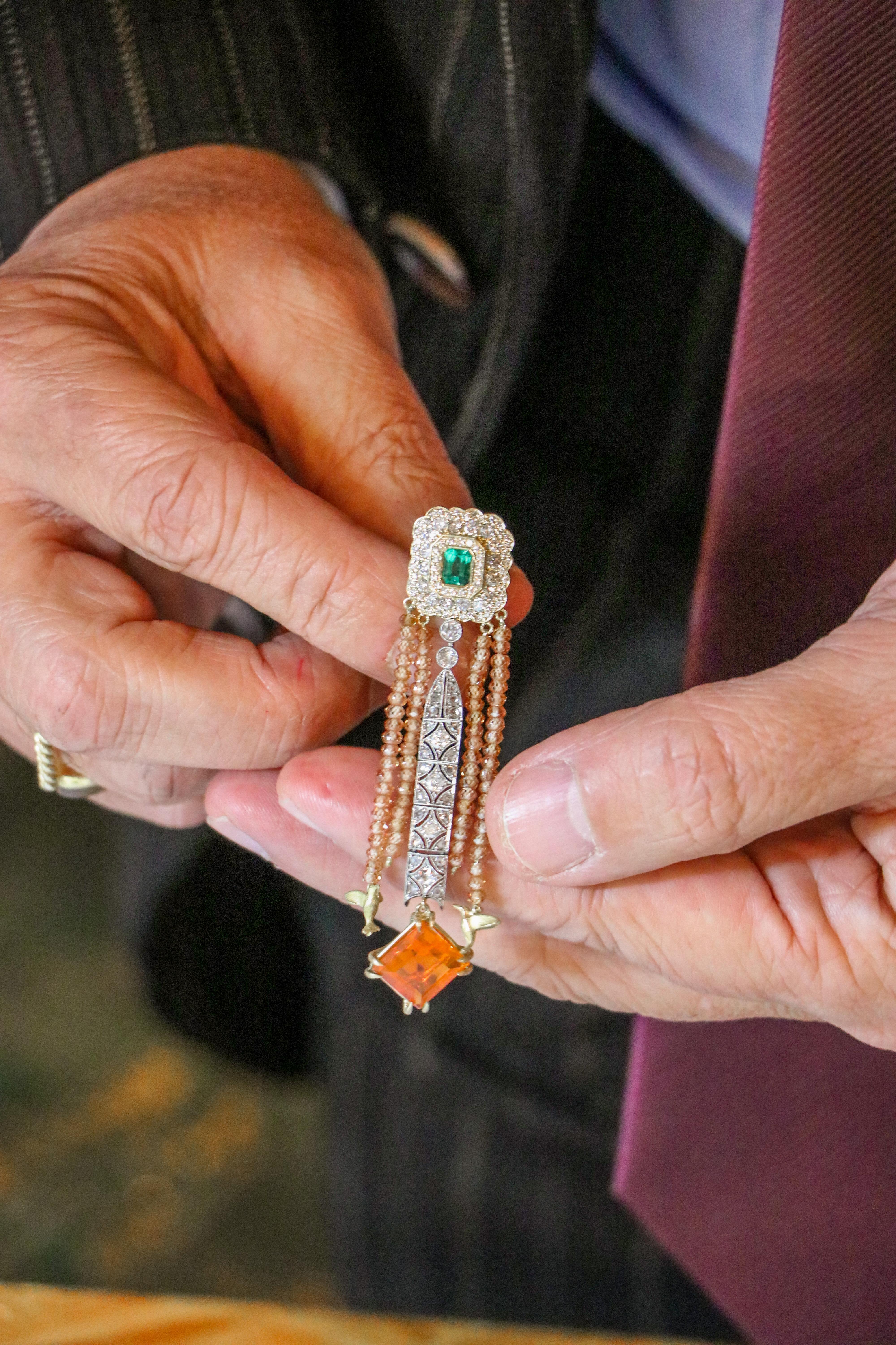 Brilliant Cut 21st Century Bird Emerald Diamond Fire Opals Gold Earrings Orange Vicente Gracia