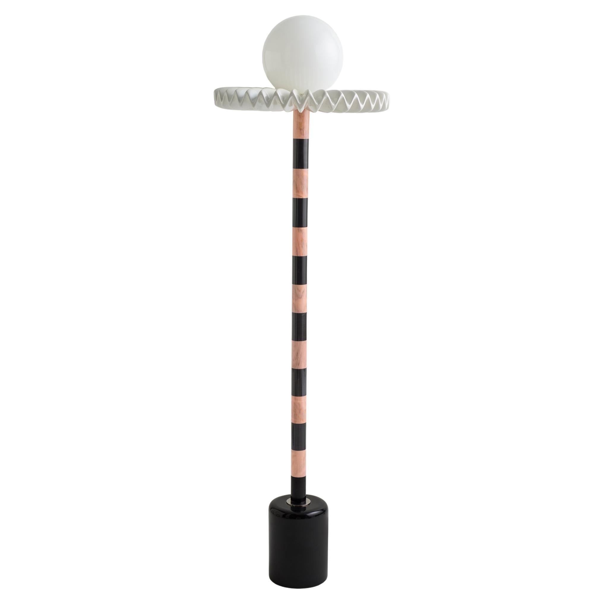 21st Century Black and Pink Marble SARE Floor Lamp with Milk Glass