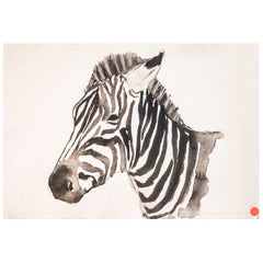 21st Century Black and White Watercolor Zebra Portrait, Chinese Author, Signed