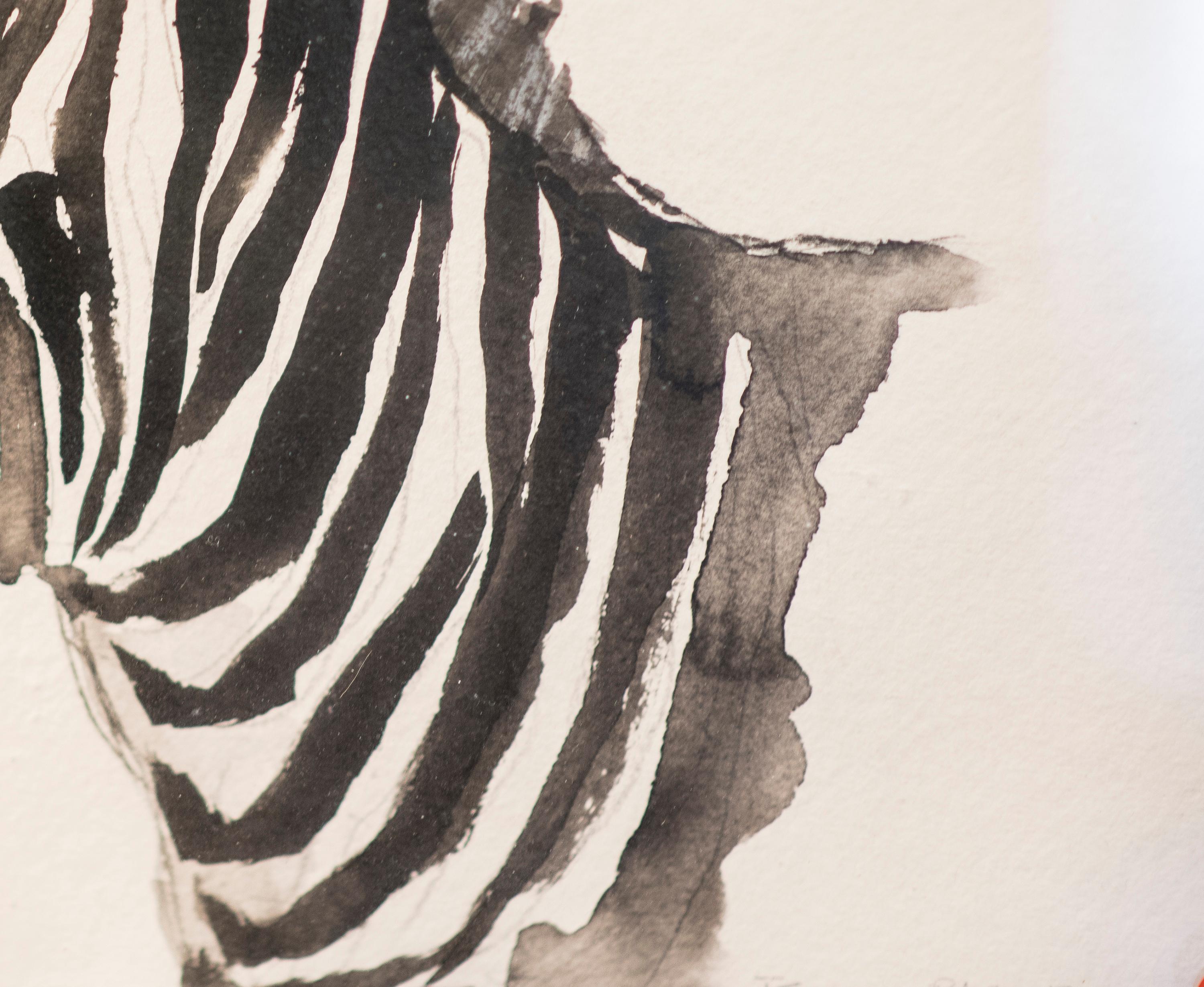 Awesome Chinese watercolor, Zebra portrait, signed. A delightful Animal portrait to place as a singular artistic detail in anywhere even in a bathroom.