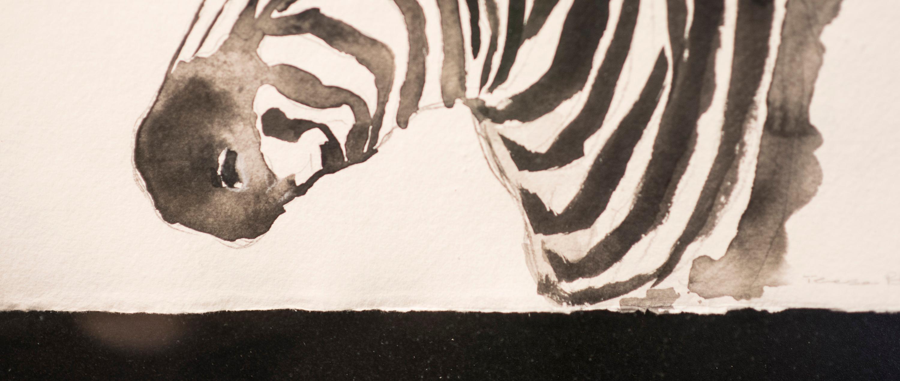 Zebraporträt in Schwarz-Weiß mit Aquarellfarben des 21. Jahrhunderts, chinesischer Autor, signiert (Französisch)