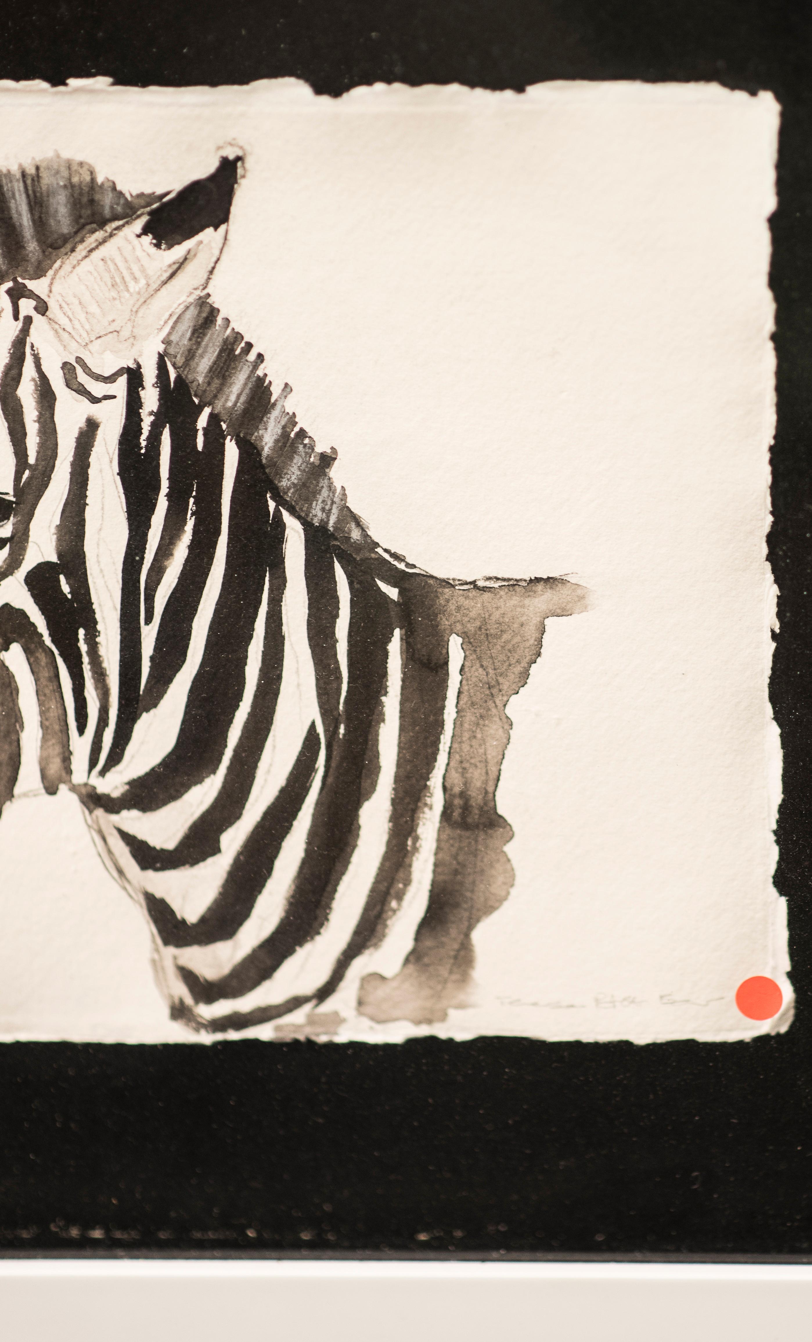Painted 21st Century Black and White Watercolor Zebra Portrait, Chinese Author, Signed