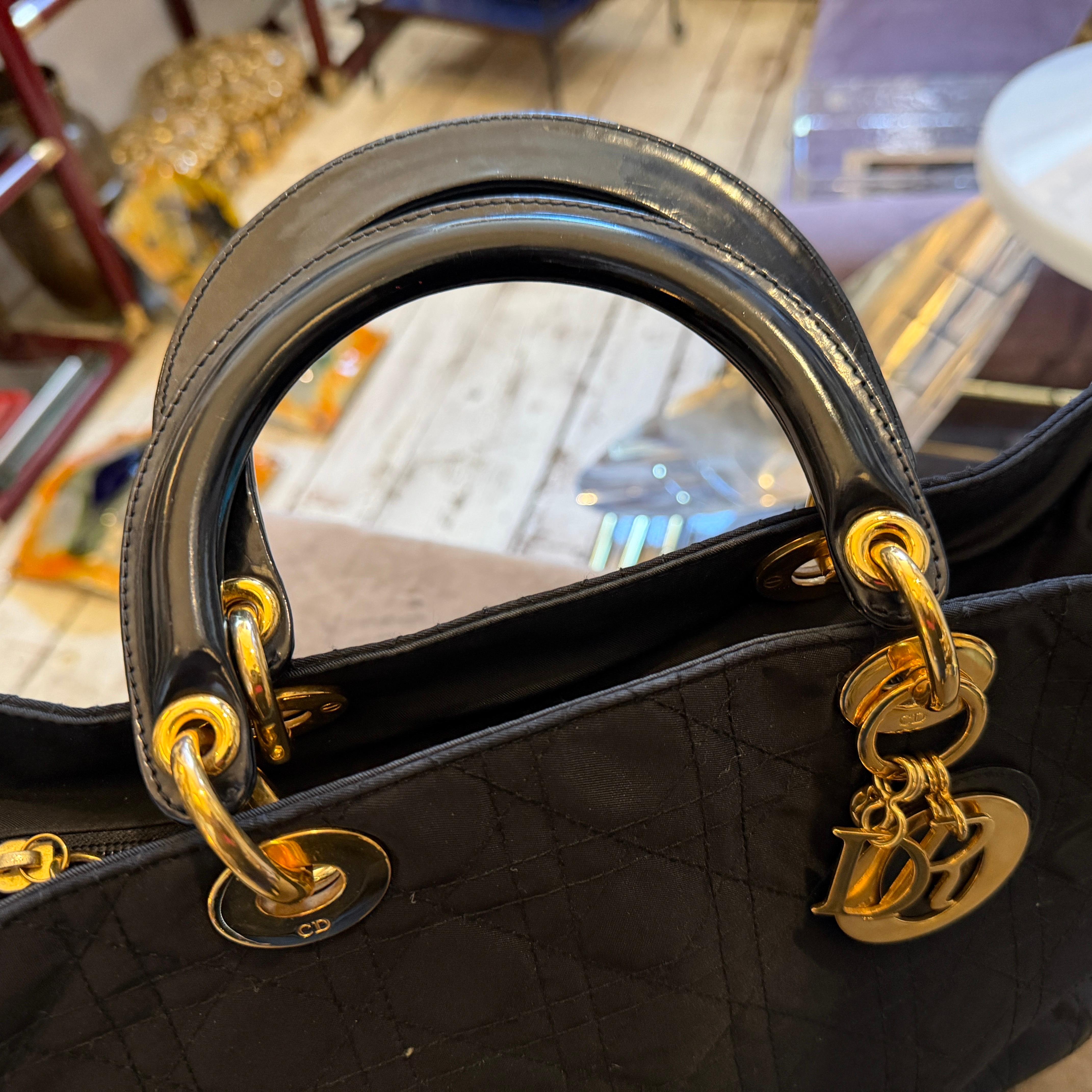 Noir 21st Century Black Fabric and Leather Large Lady Dior Bag by Christian Dior en vente