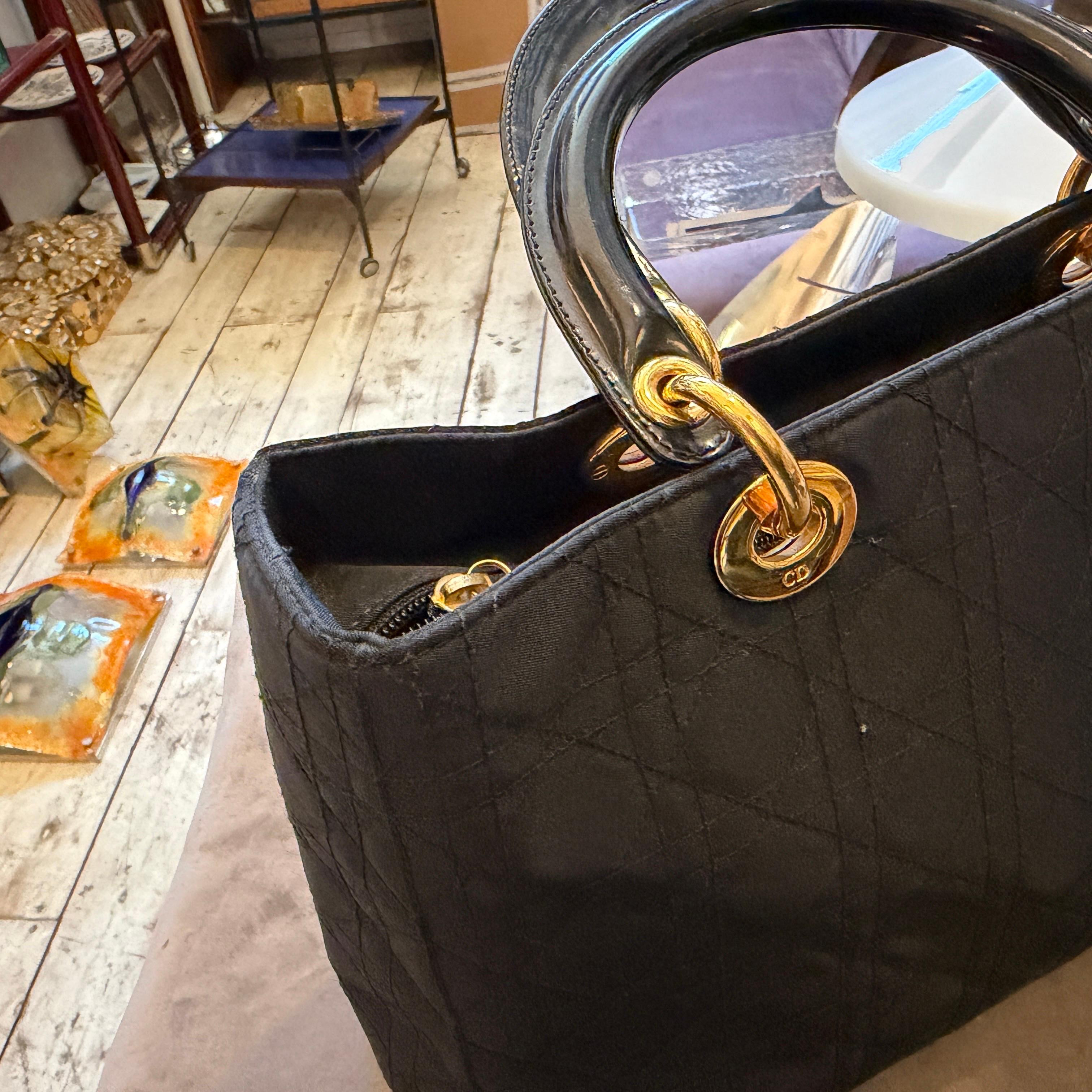 21st Century Black Fabric and Leather Large Lady Dior Bag by Christian Dior Pour femmes en vente