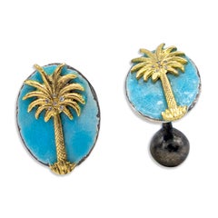 21. Jahrhundert Schwarz Silber Blau Emaille 18 Karat Gold Palm Tree Diamanten Manschettenknöpfe