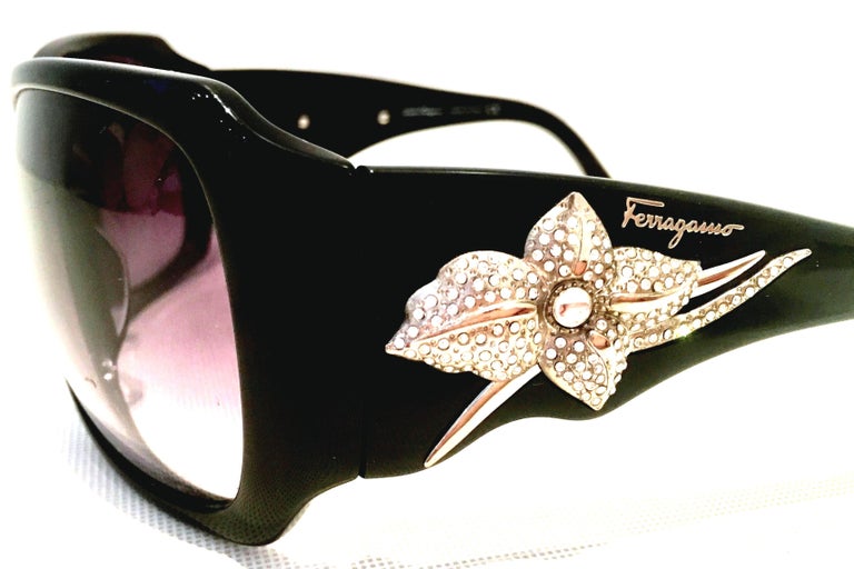 Salvatore Ferragamo Black Sunglasses with Crystal Floral Accents Salvatore Ferragamo 2144-B Crystal Floral Sunglasses-unworn  main image 3
