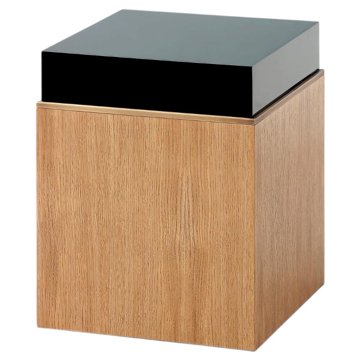 Block Square Side Table, Natural Limed Oak & Black Lacquered wood, Brass detail