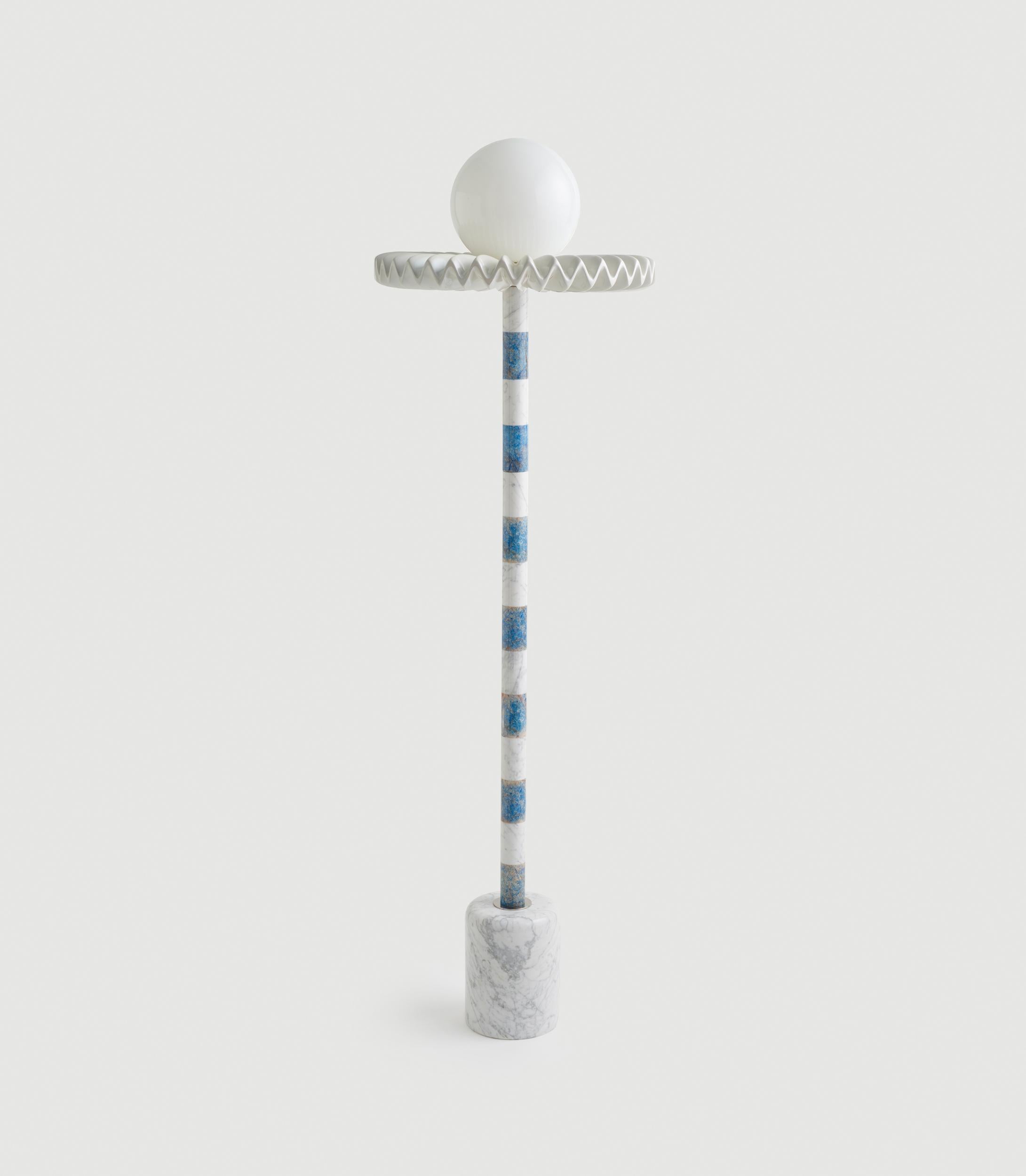 Arts and Crafts 21st Century Blue and White Marble SARE Floor Lamp with Hand Painted Glass For Sale