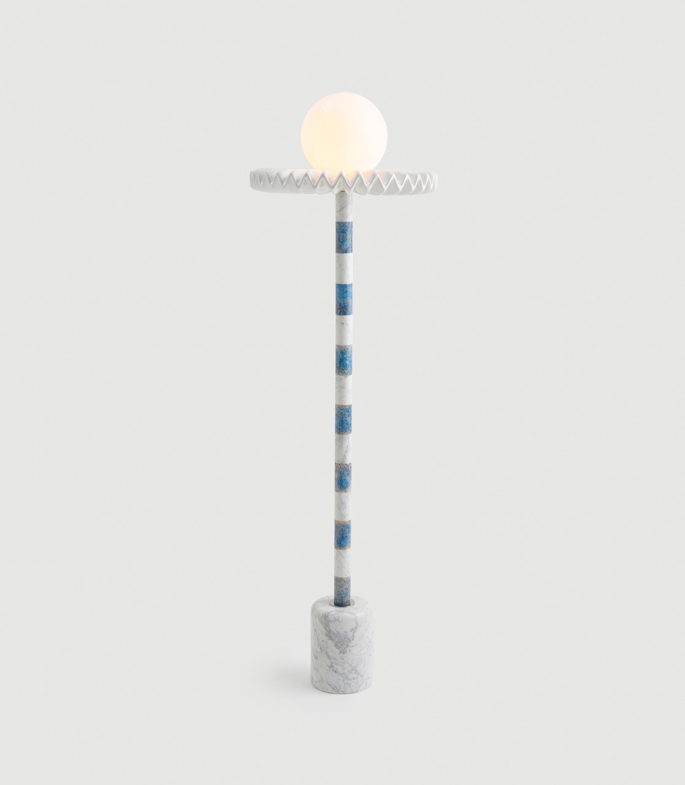 Turkish 21st Century Blue and White Marble SARE Floor Lamp with Hand Painted Glass For Sale