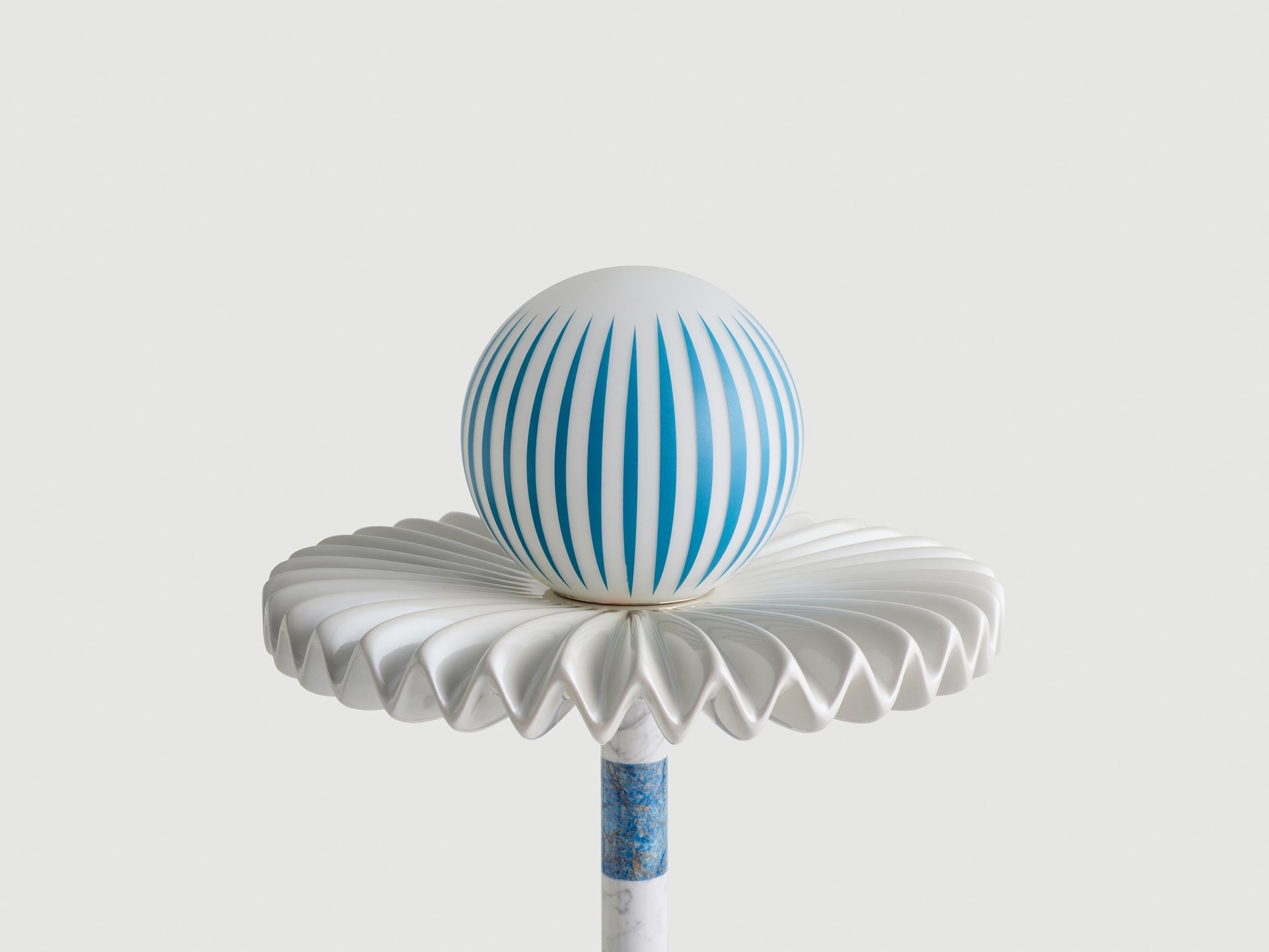 Carved 21st Century Blue and White Marble SARE Floor Lamp with Hand Painted Glass For Sale