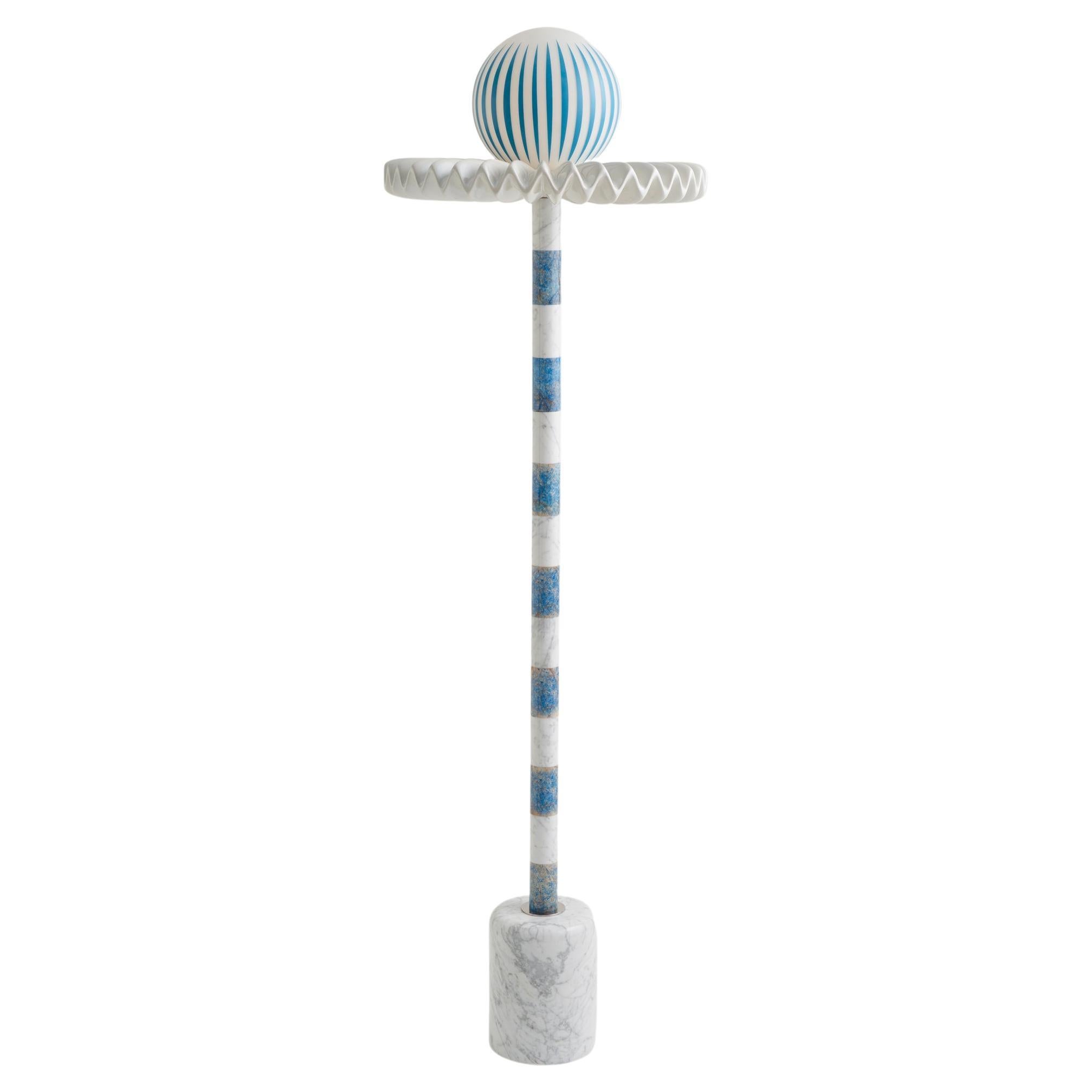 21st Century Blue and White Marble SARE Floor Lamp with Hand Painted Glass