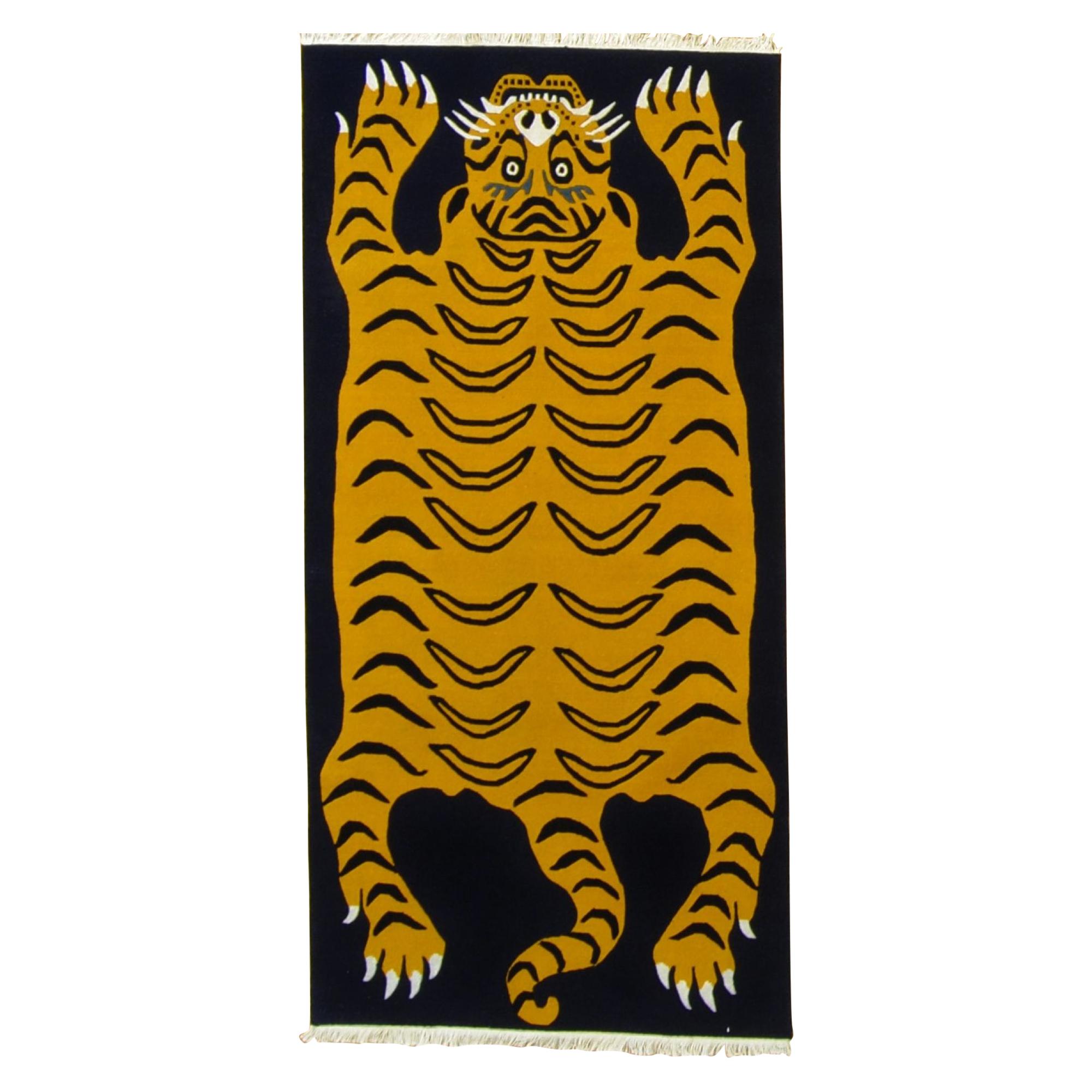  21st Century Blue and Yellow Tiger Tibetan Rug Prayer, 2019