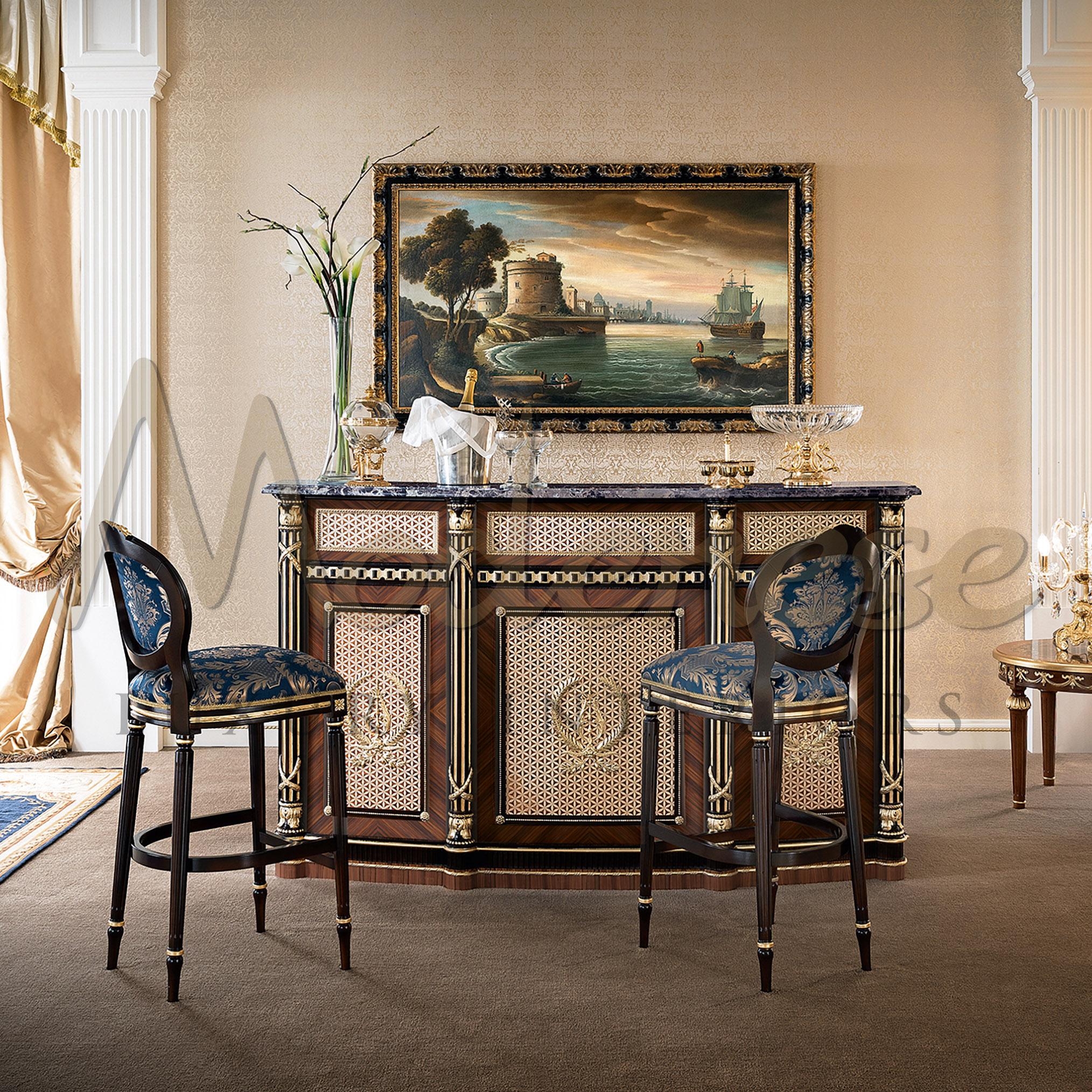 Surprise your guests with a drink from your most beloved bar cabinet by Modenese Gastone Interiors. This model, taken from the Deluxe 2020 collection, features empire-style inlaid woods and beautiful ivory-finished decorations, plus a blue bahia