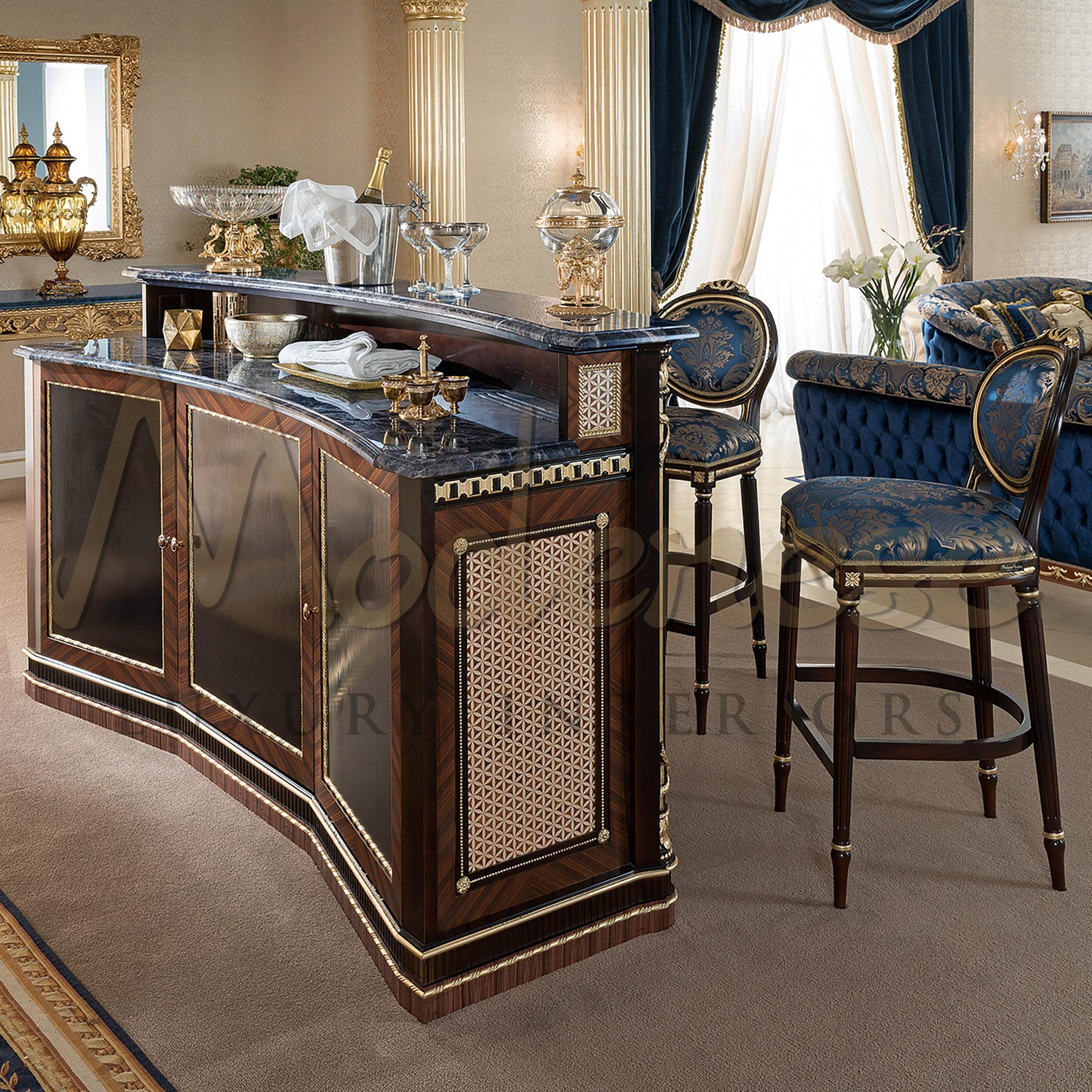 Empire 21st Century Bar Counter - Veneer Inlays and Gold Leaf - Dark Emperador Marble For Sale