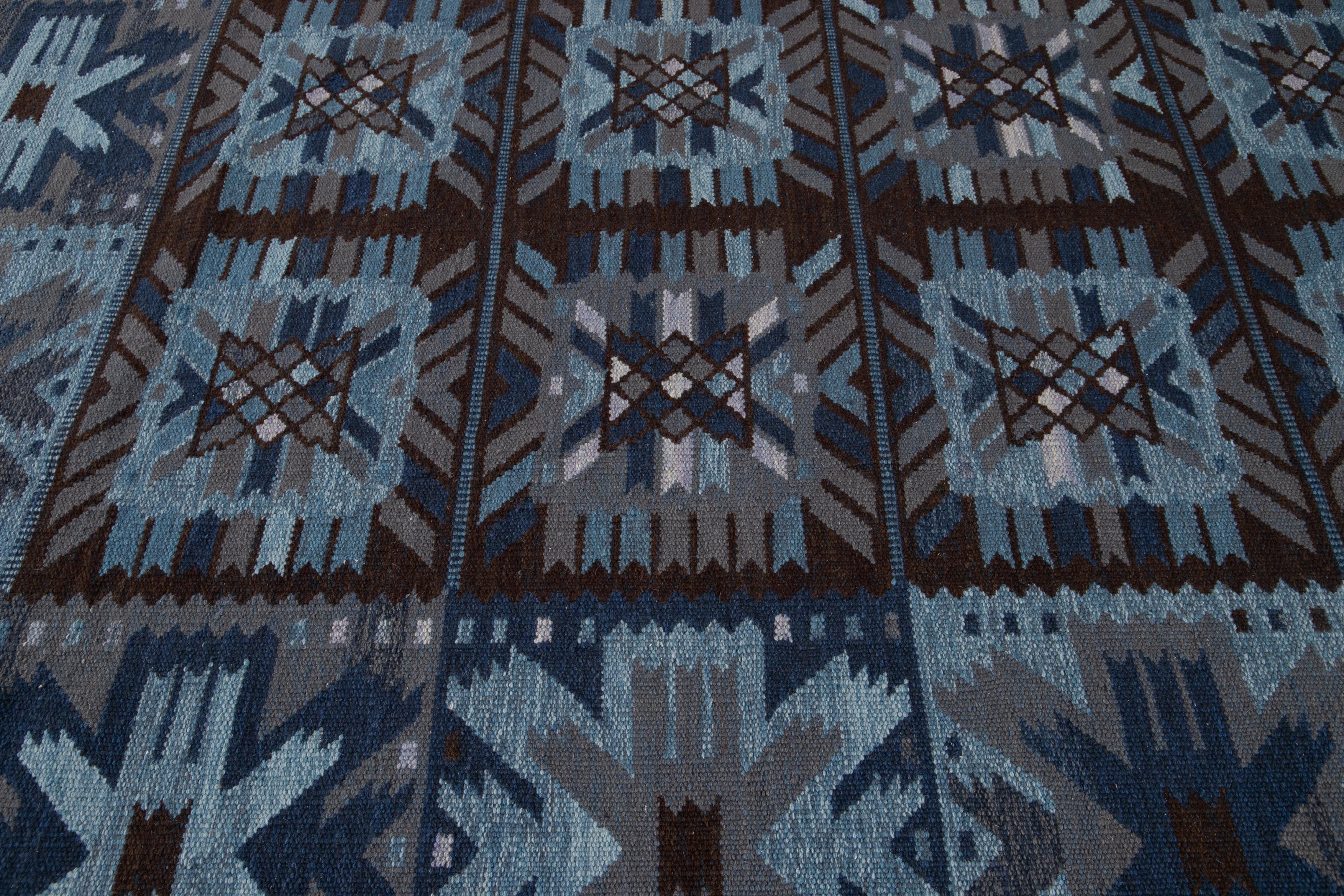 21st Century Blue Modern Swedish Style Wool Rug For Sale 4