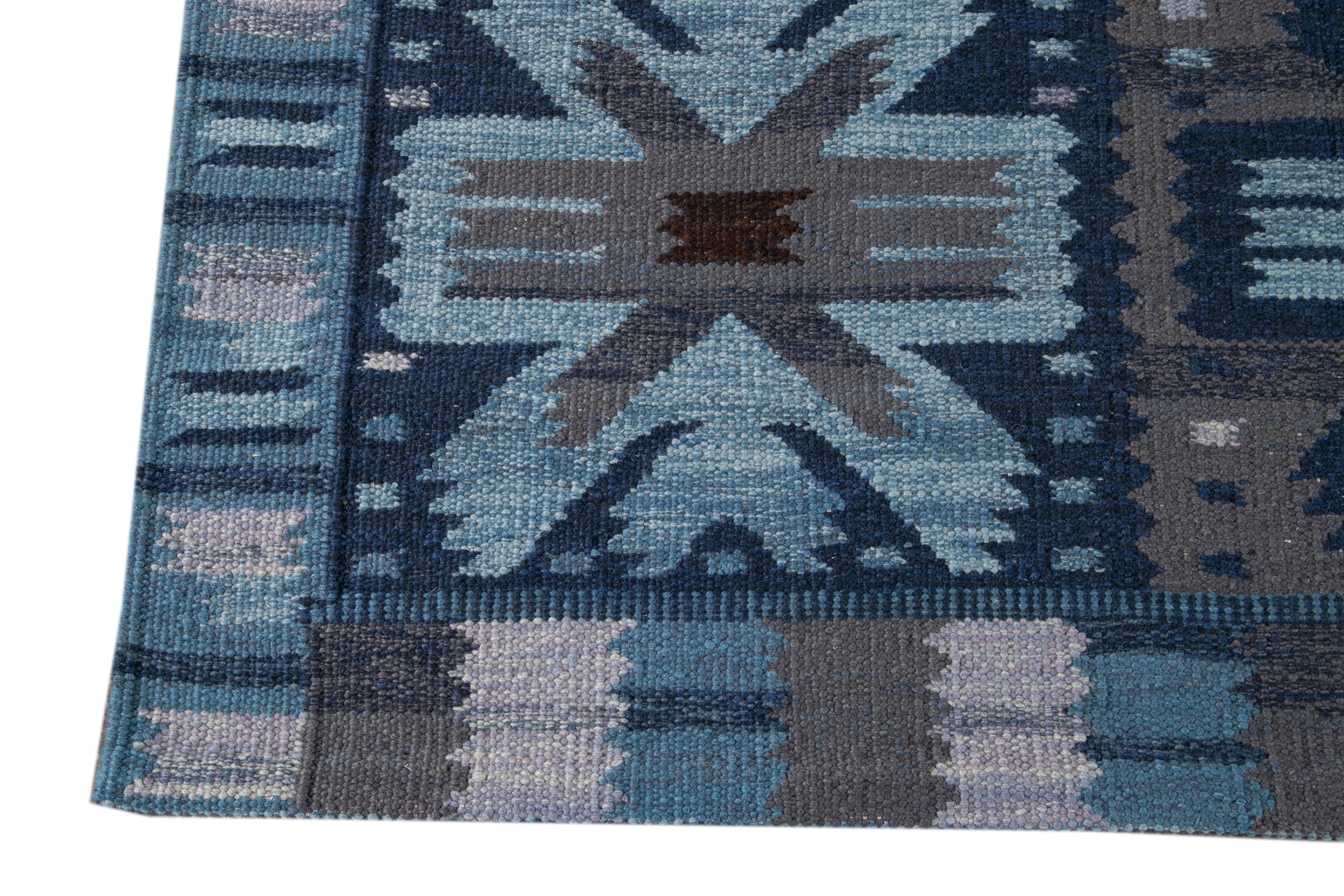21st Century Blue Modern Swedish Style Wool Rug For Sale 5