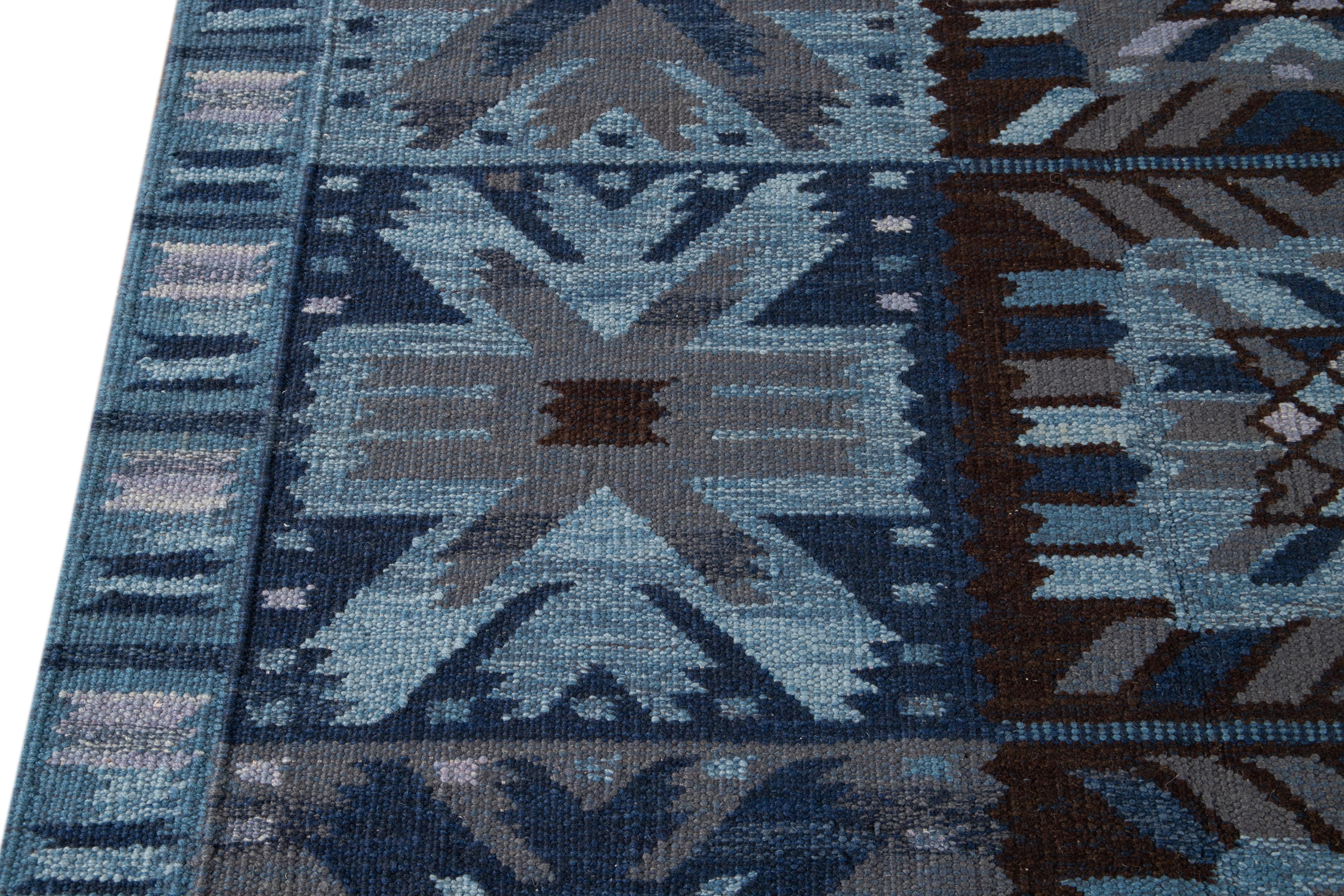 21st Century Blue Modern Swedish Style Wool Rug For Sale 6