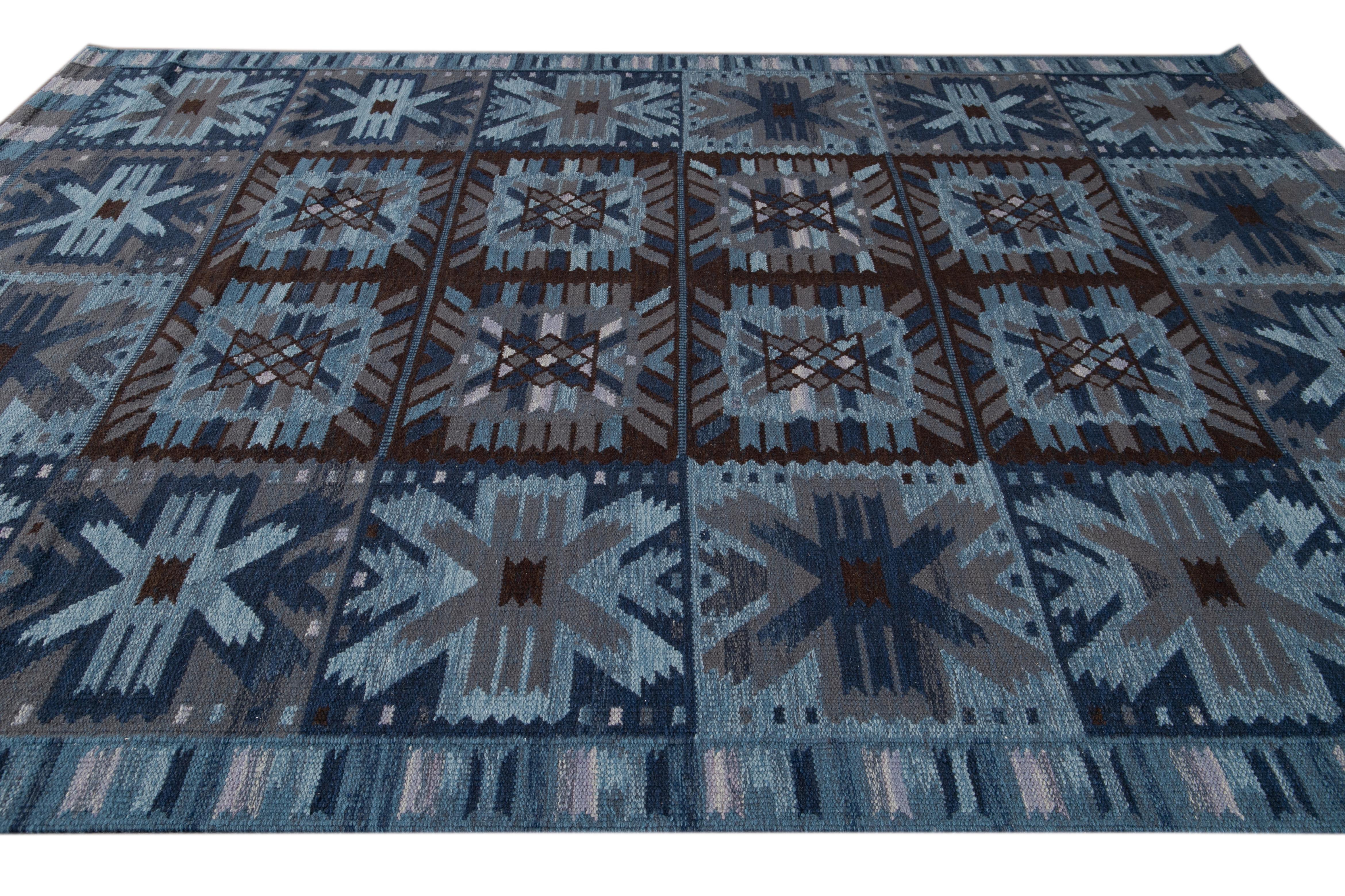 21st Century Blue Modern Swedish Style Wool Rug For Sale 8