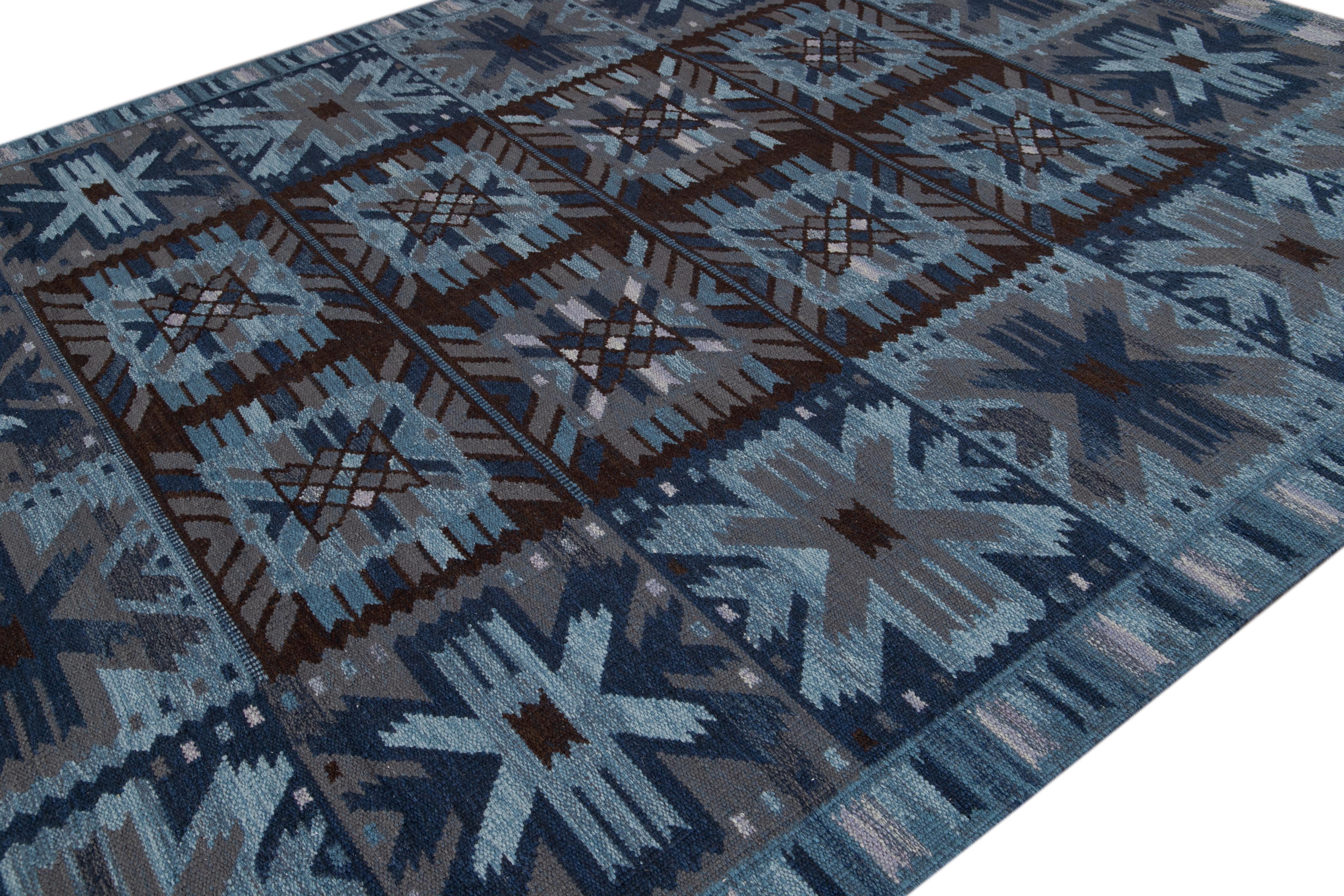 21st Century Blue Modern Swedish Style Wool Rug For Sale 10