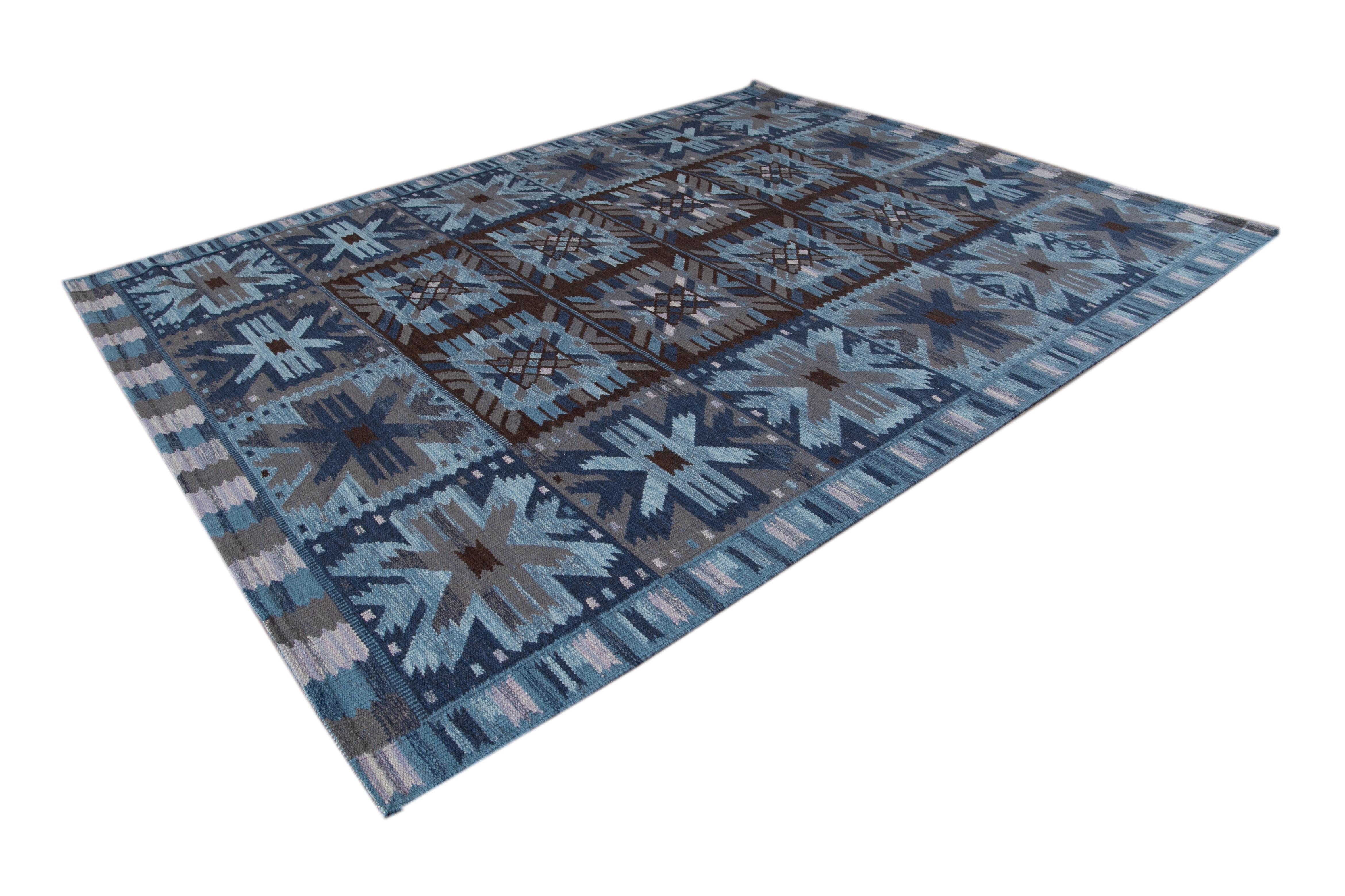 21st Century Blue Modern Swedish Style Wool Rug For Sale 11