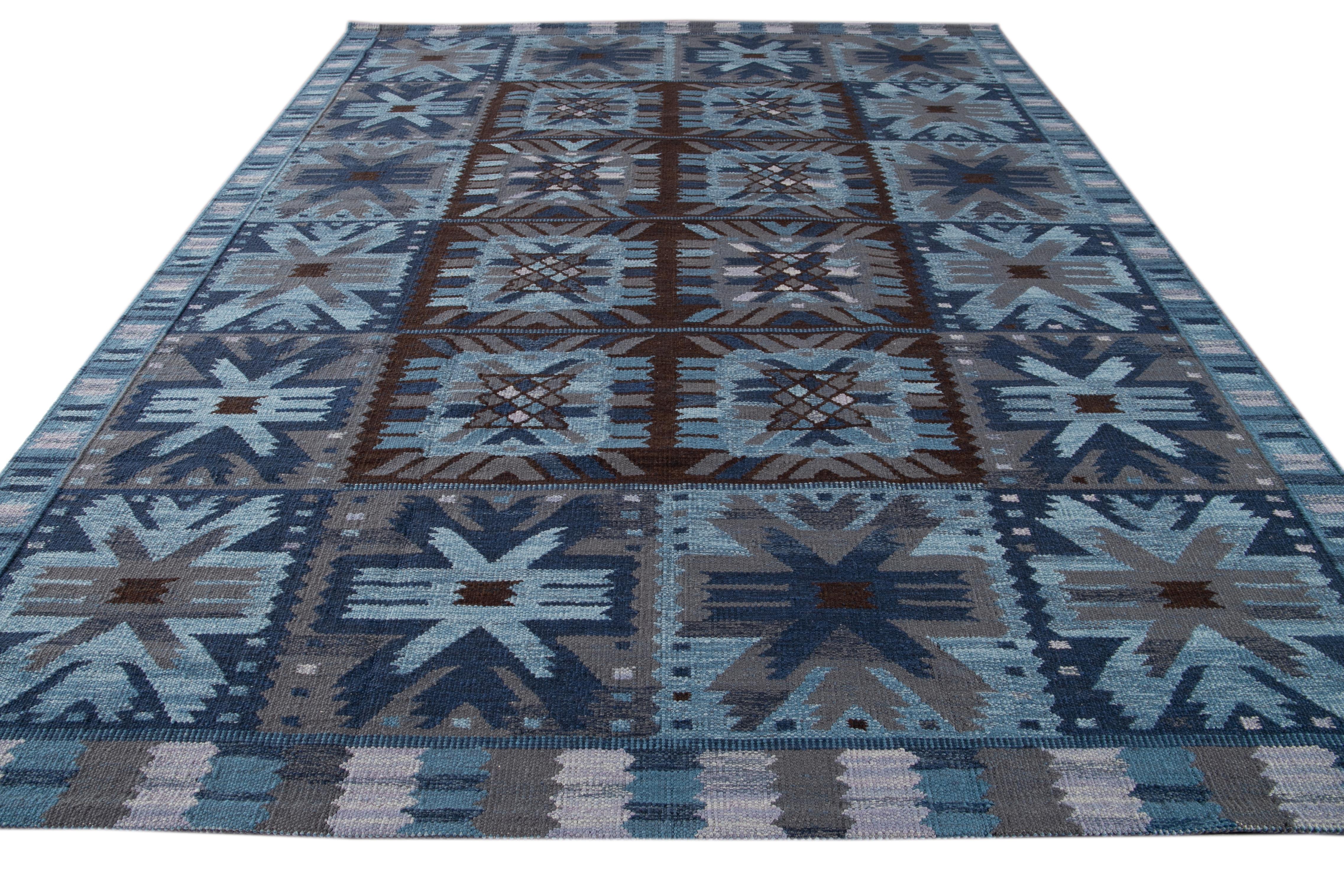 21st Century Blue Modern Swedish Style Wool Rug For Sale 12