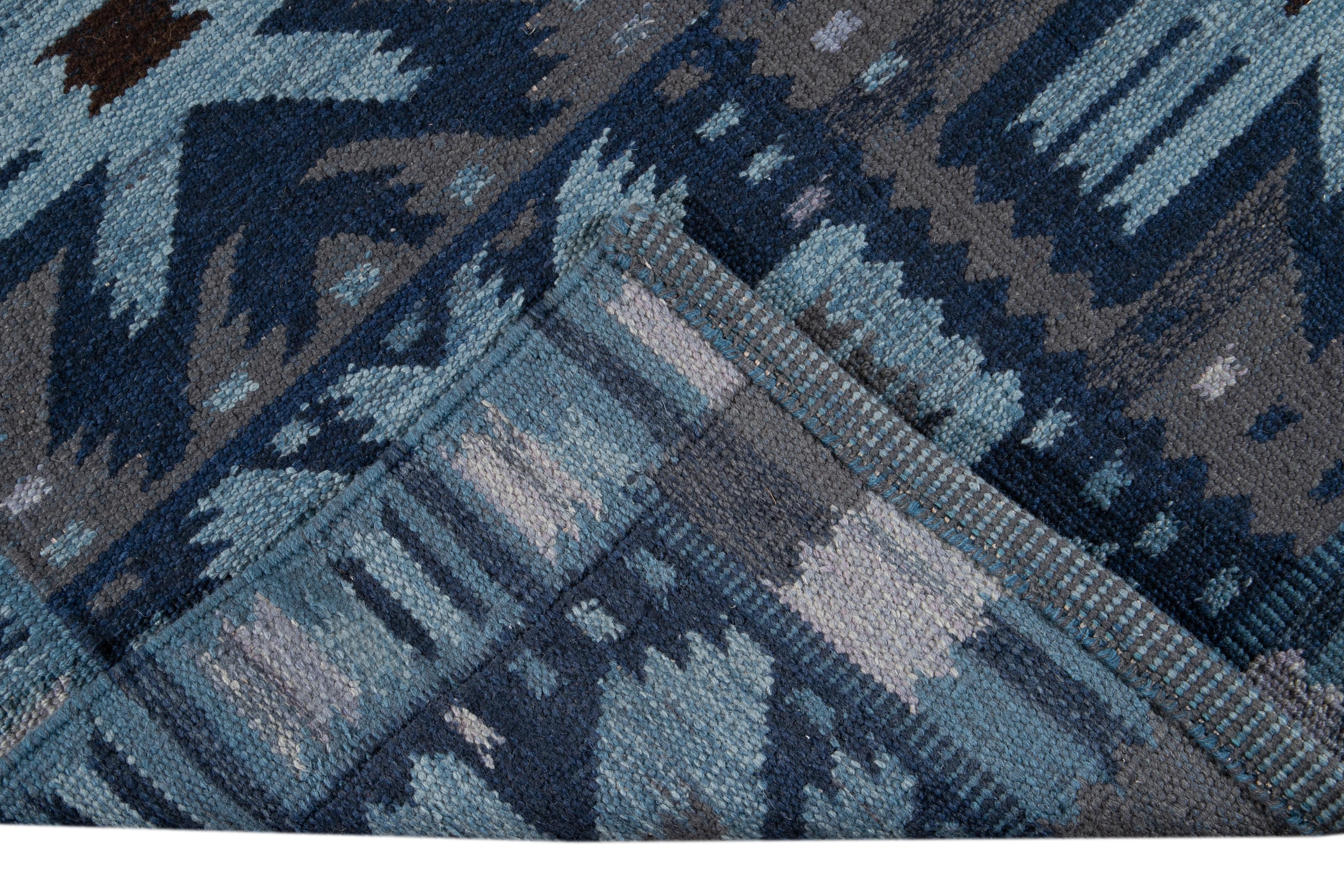 Hand-Woven 21st Century Blue Modern Swedish Style Wool Rug For Sale