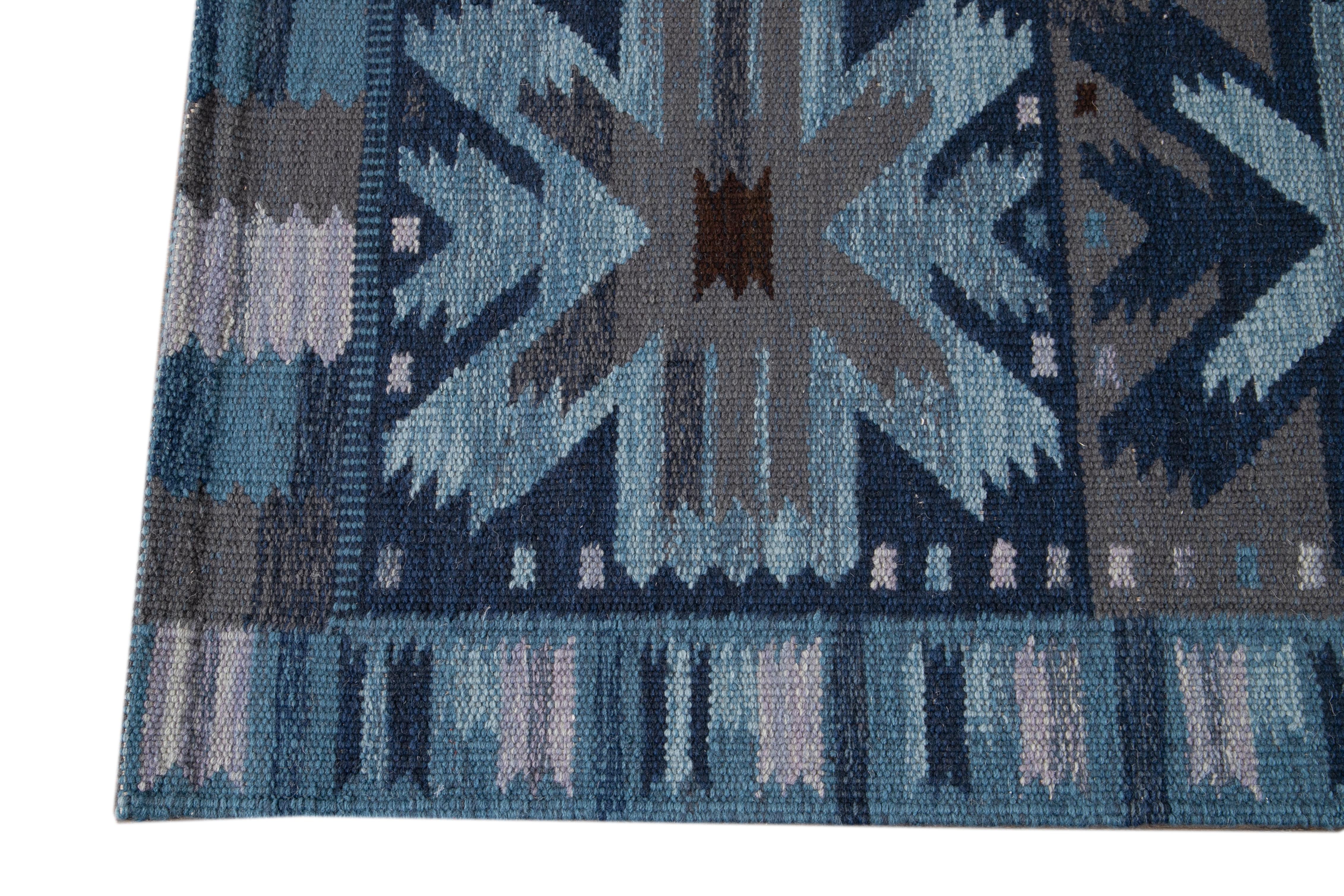 Contemporary 21st Century Blue Modern Swedish Style Wool Rug For Sale