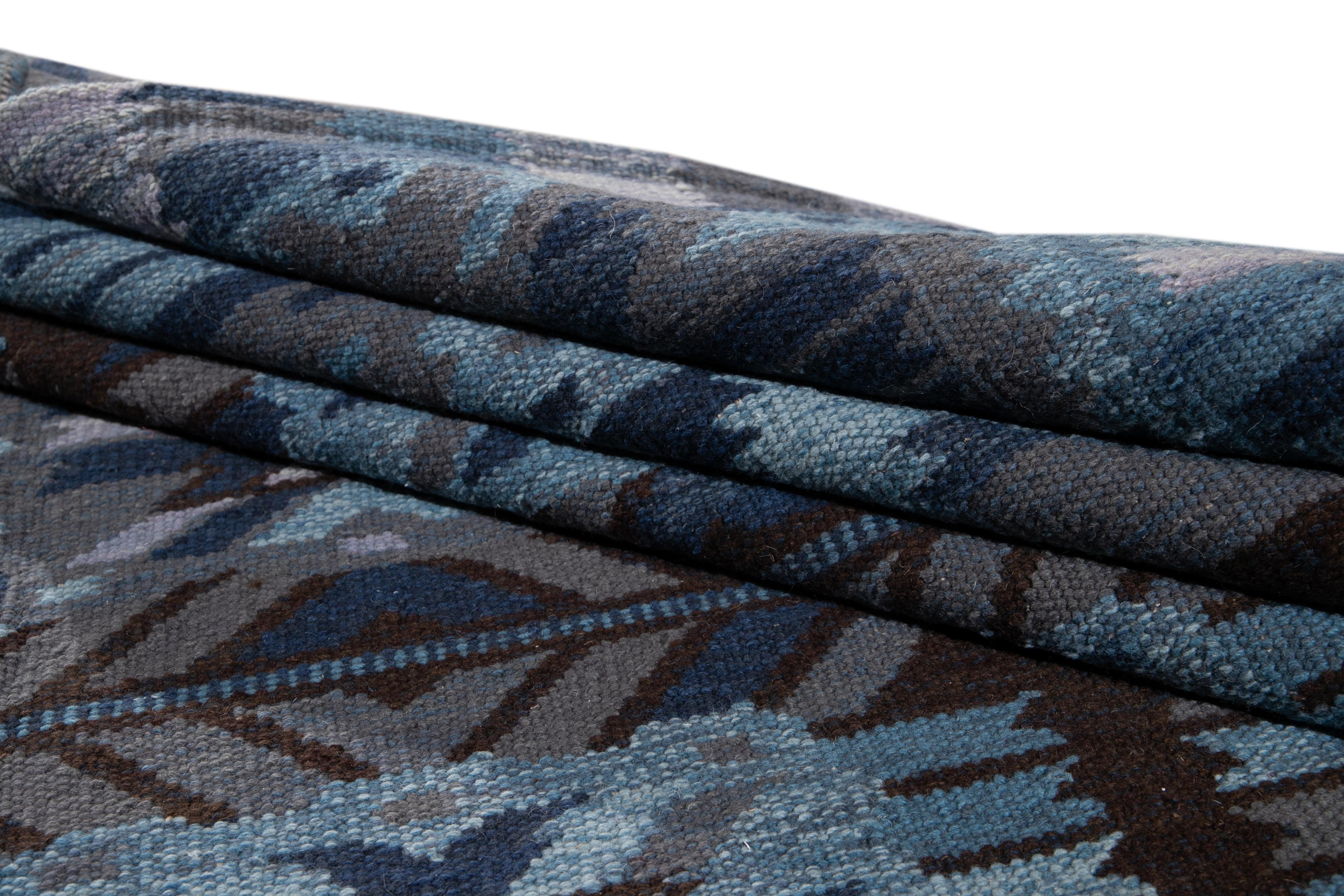 21st Century Blue Modern Swedish Style Wool Rug For Sale 1